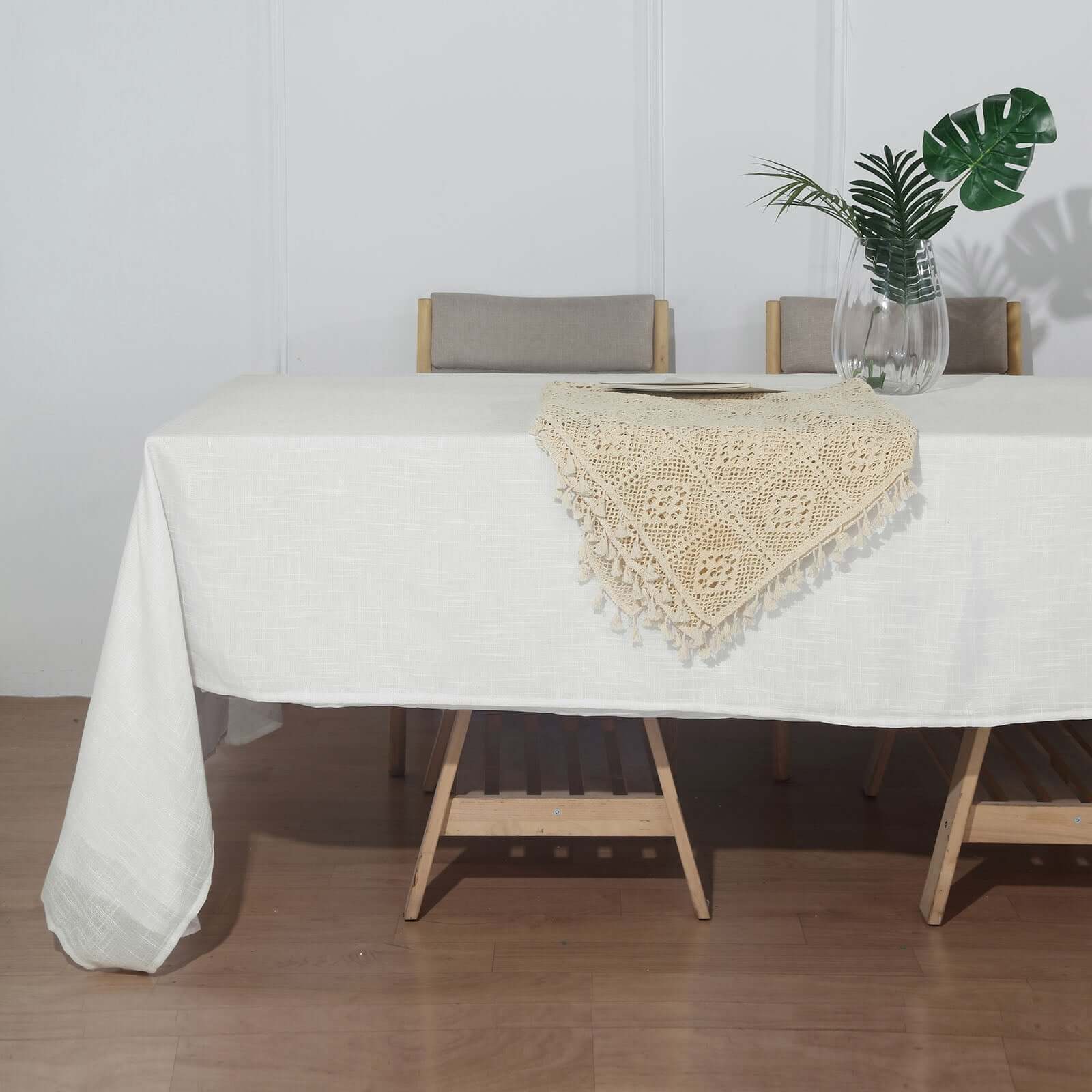White 60x126 Rectangular Faux Linen Tablecloth - Wrinkle-Free for Weddings & Special Events