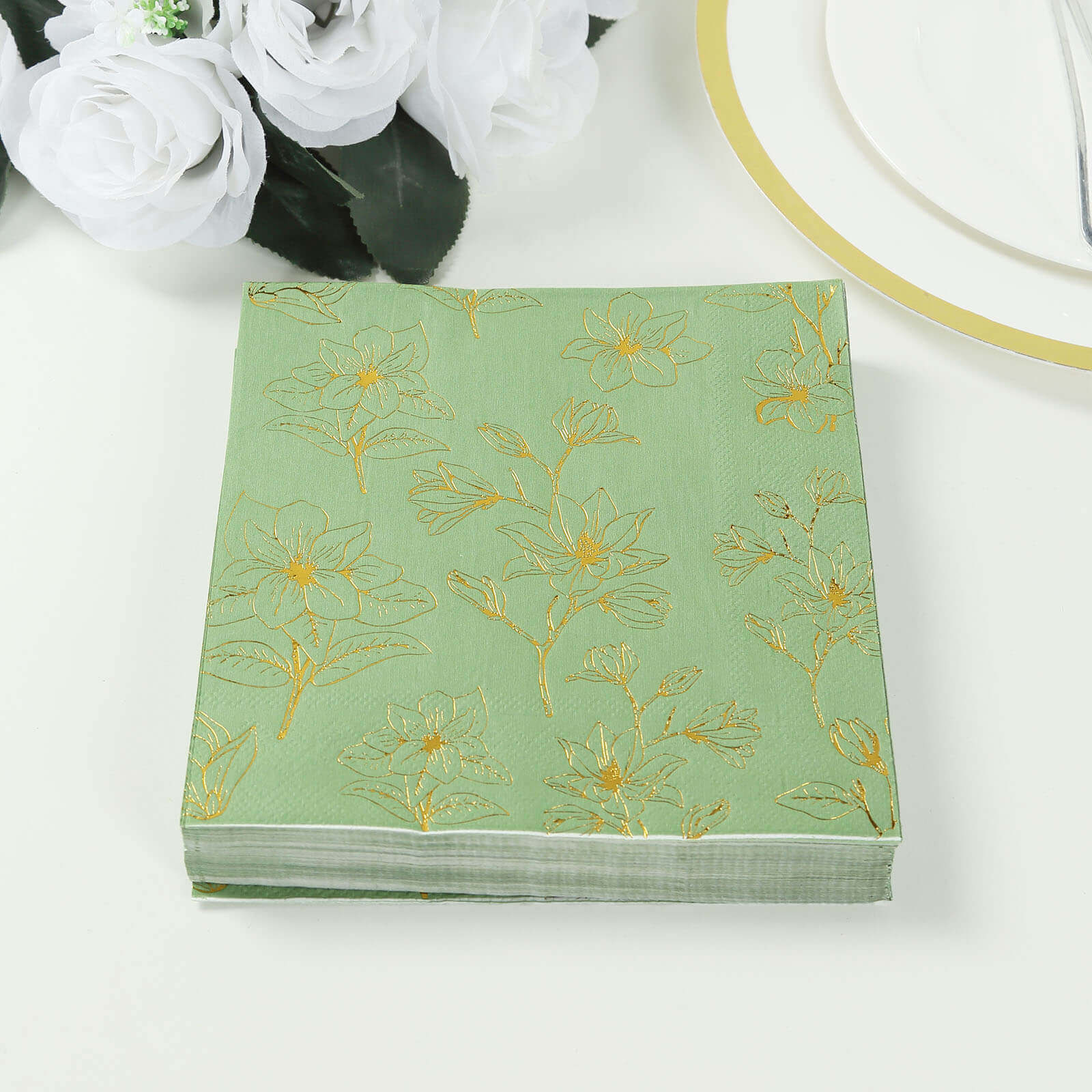 50-Pack Premium 2-Ply Absorbent Soft Paper Cocktail Napkins with Gold Magnolia Print in Sage Green