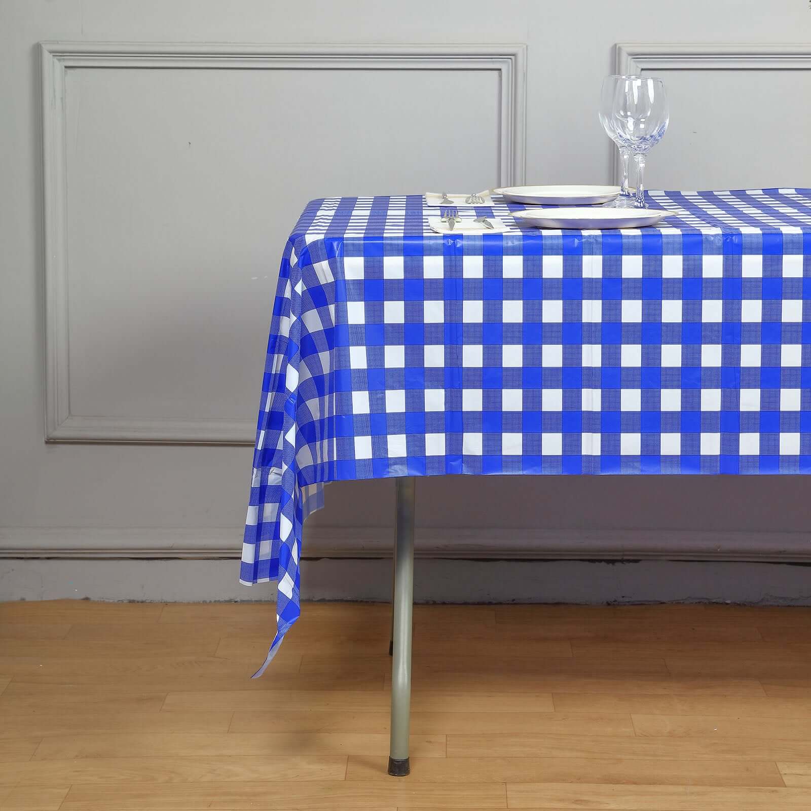 5-Pack Royal Blue Checkered Plastic Table Covers - Durable & Disposable for Events, 54x108