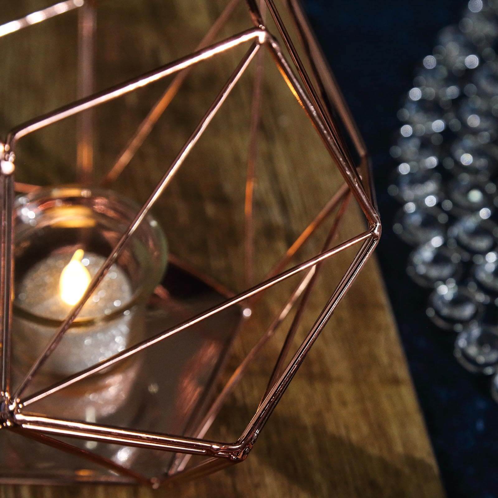 Stunning Rose Gold Metal Pentagon Prism Geometric Tealight Candle Holder - Ideal for Decor