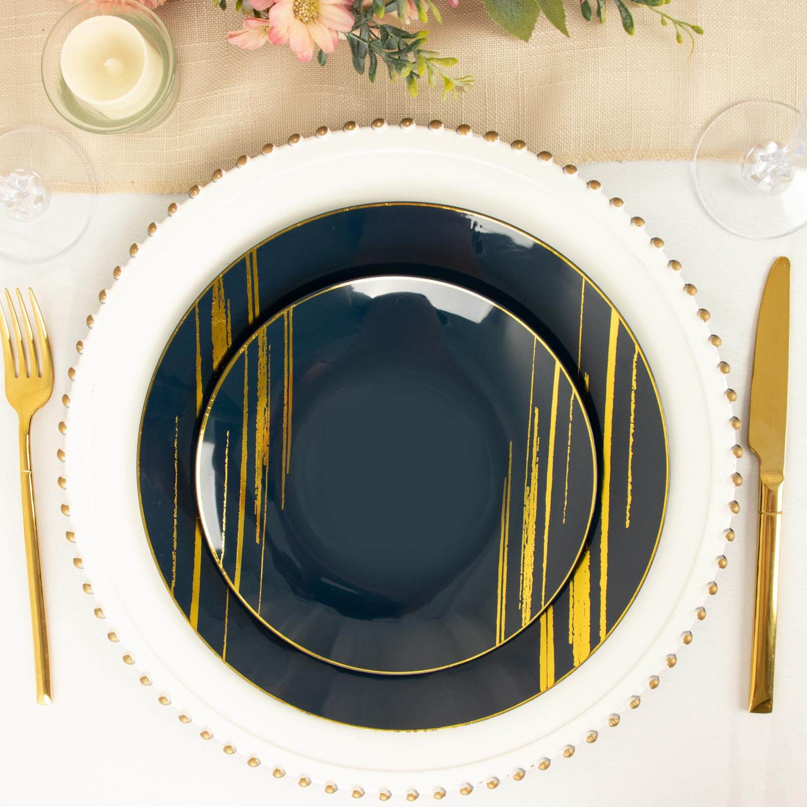 10-Piece Set of Disposable Navy Blue Plastic Round Dinner Plates with Gold Brush Print