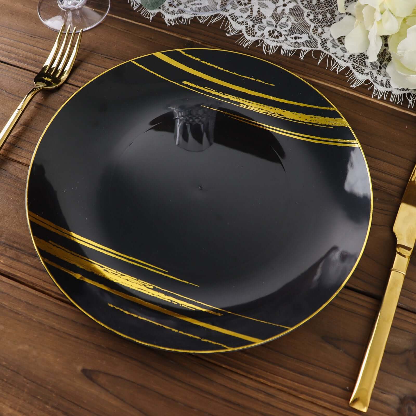 Hot Deal! 10-Pack Disposable Black Plastic Round Dinner Plates with Gold Brush Print