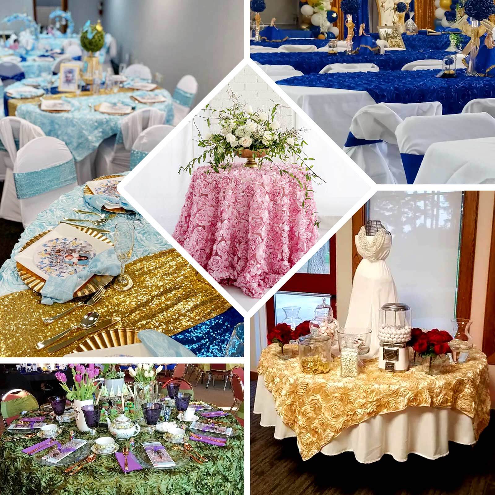Stylish White Satin 72x72 Square Table Overlay with 3D Rosette Design for Special Occasions