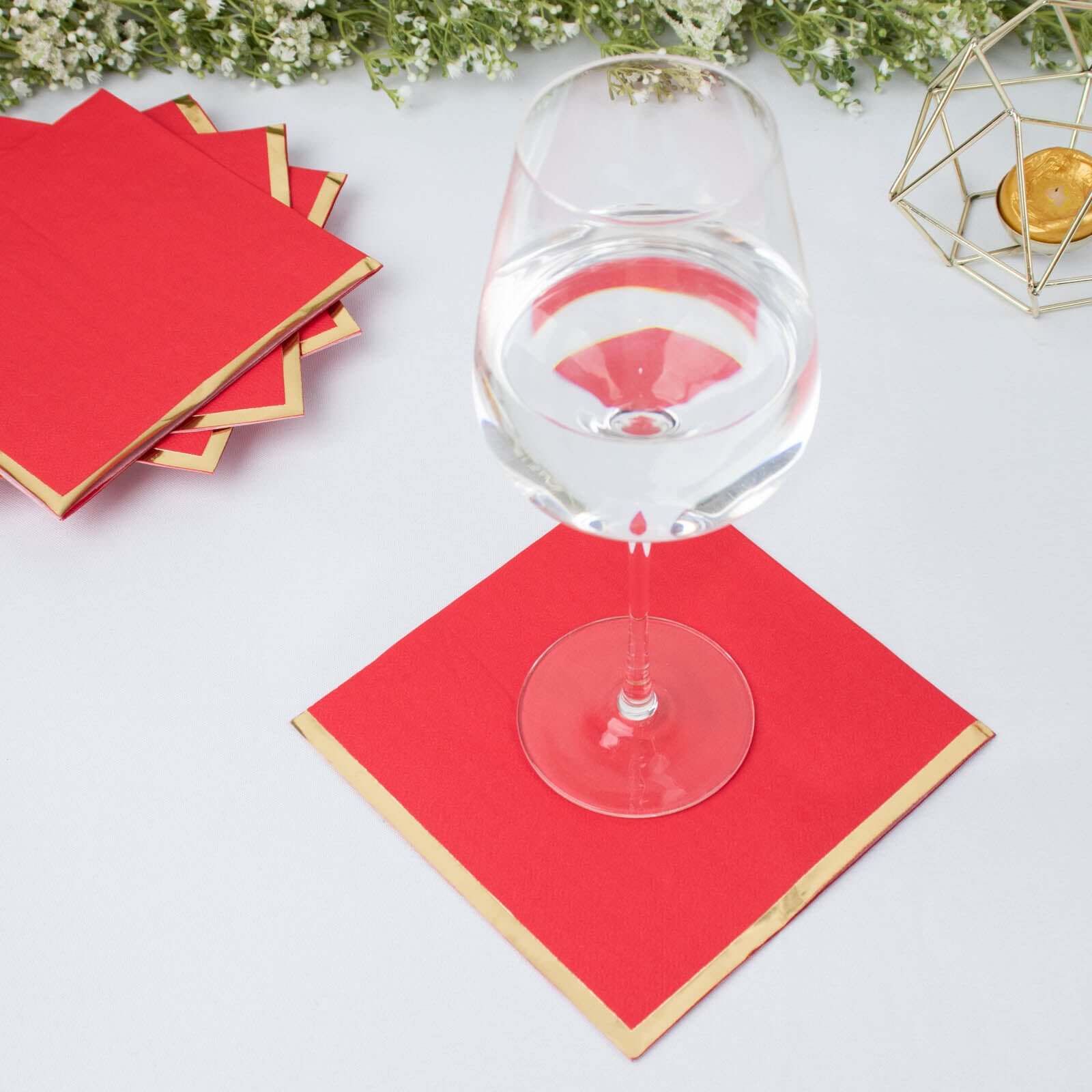 Hot! 50-Pack Red Disposable 2-Ply Cocktail Napkins with Gold Foil Edge, 6.5x6.5
