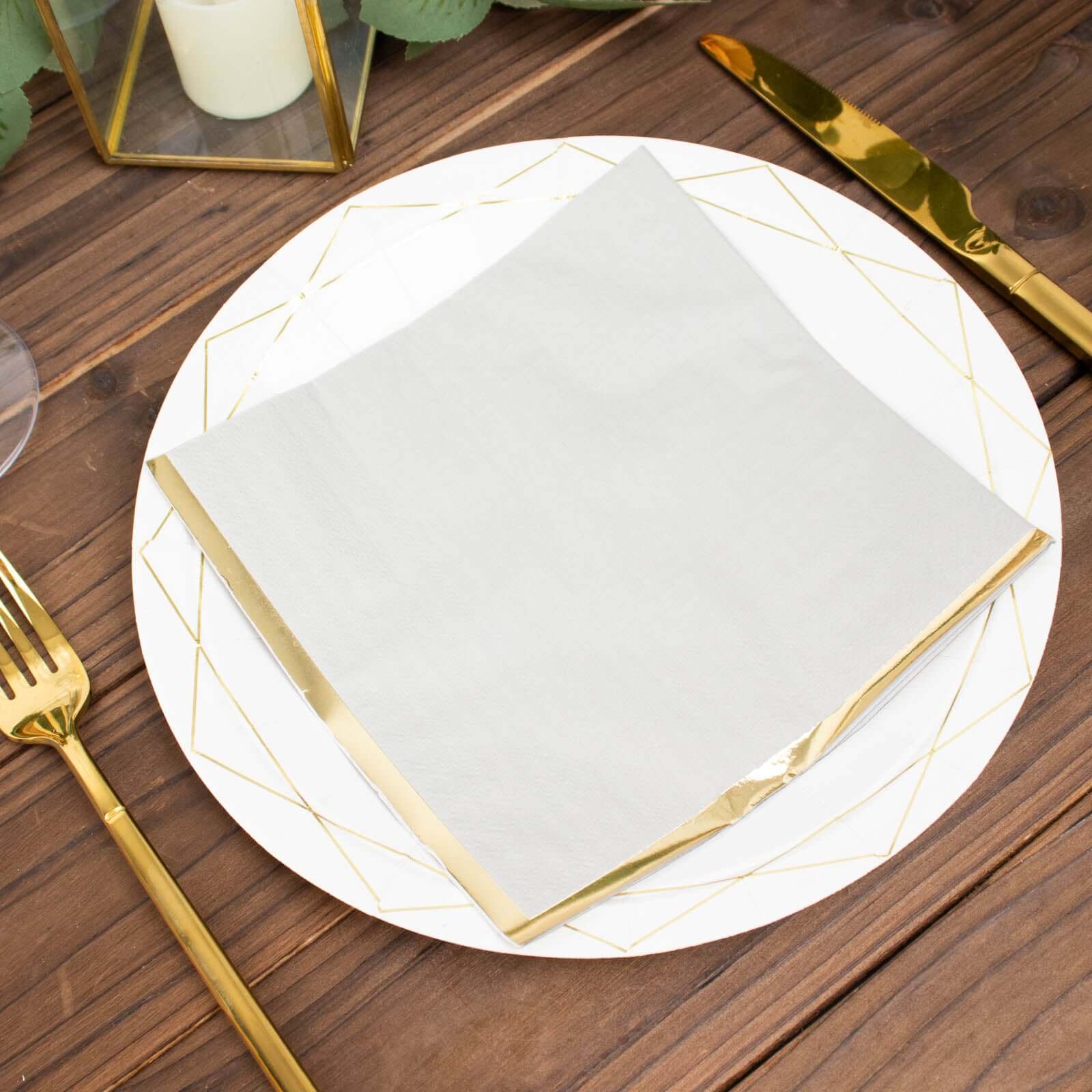 Hot! 50-Pack Disposable 2-Ply Gray Cocktail Napkins with Gold Foil Edge, 6.5x6.5