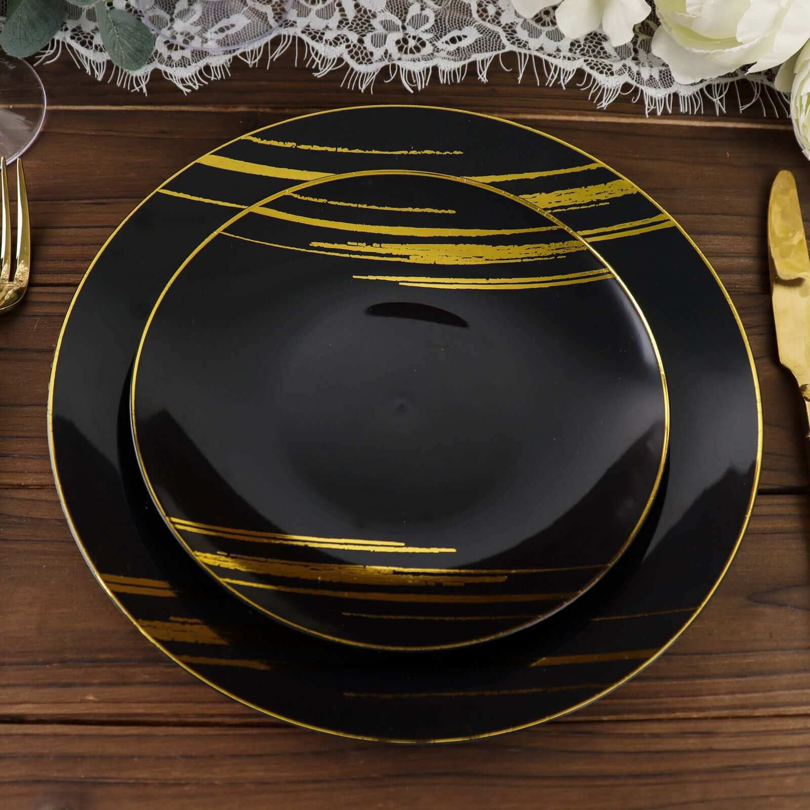 10-Piece Set of Disposable Black Plastic Dessert Plates with Gold Brush Print for Modern Events