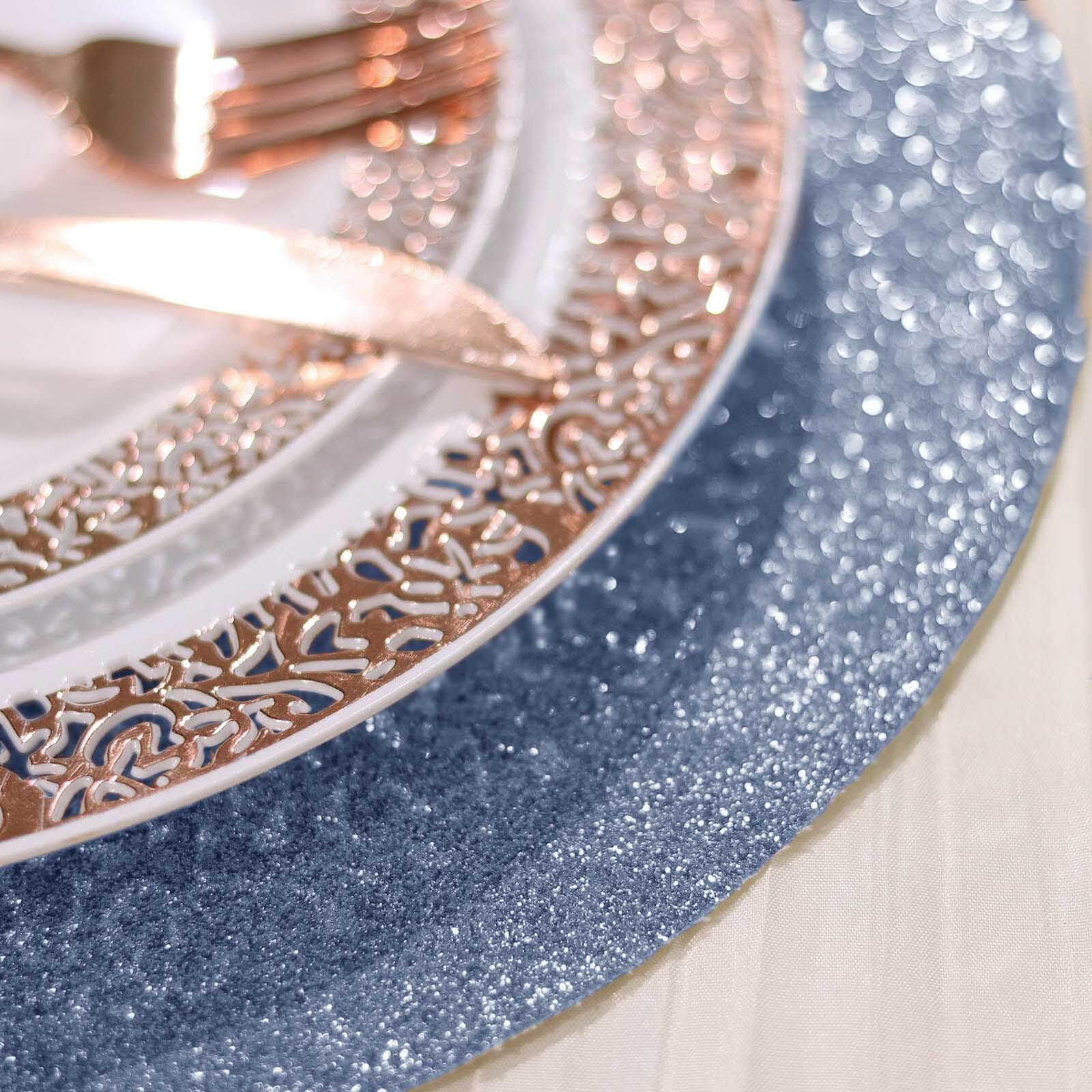 6-Piece Set of Dusty Blue Glitter Round Non-Slip Placemats for Dining Tables, 13 inches