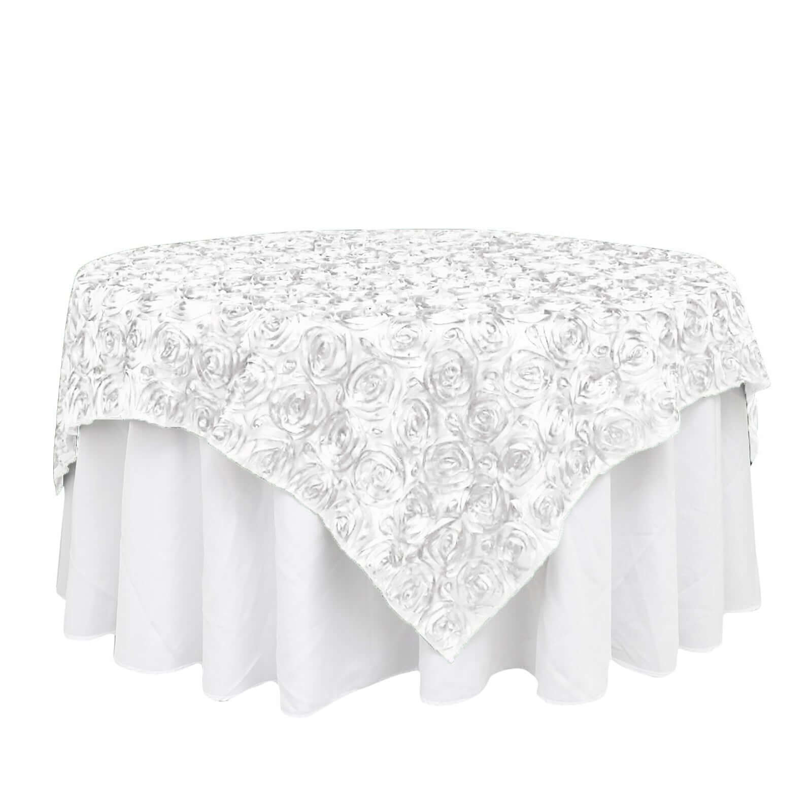 Stylish White Satin 72x72 Square Table Overlay with 3D Rosette Design for Special Occasions