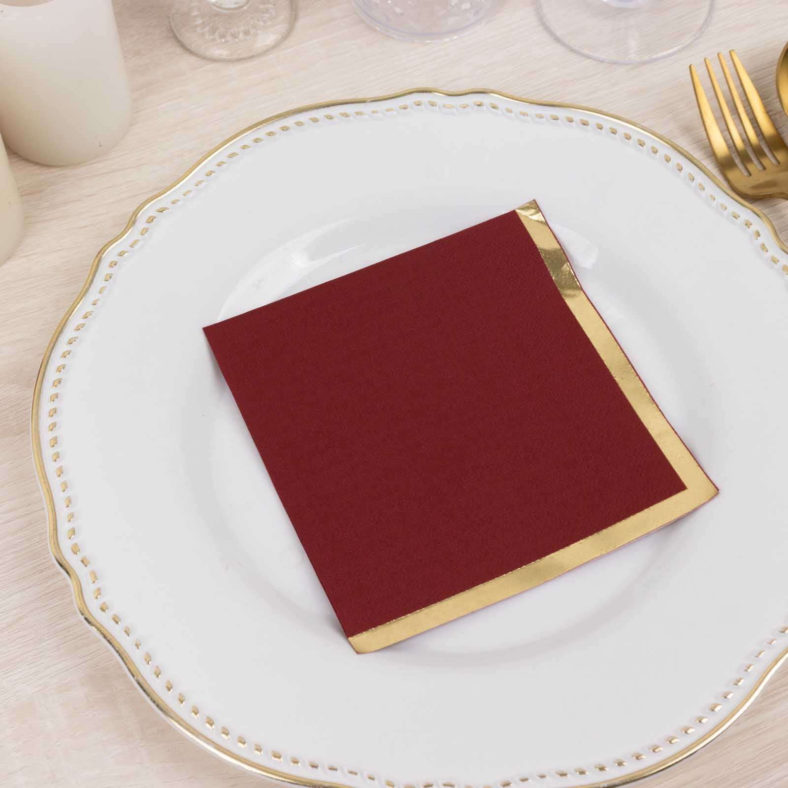Hot! 50-Pack 2-Ply Disposable Burgundy Cocktail Napkins with Gold Foil Edge, 18GSM