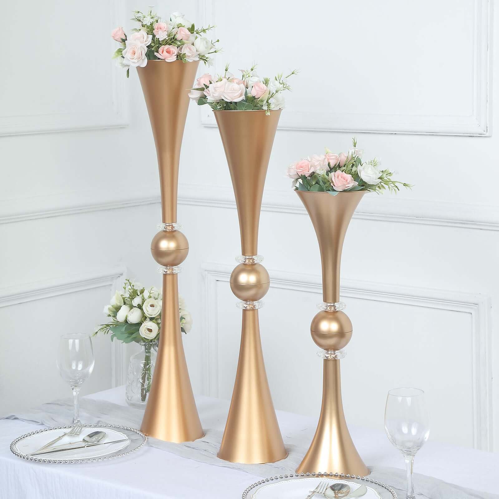 Hot Deal! 2-Pack Gold Reversible Plastic Trumpet Flower Vases with Crystal Embellishments, 21