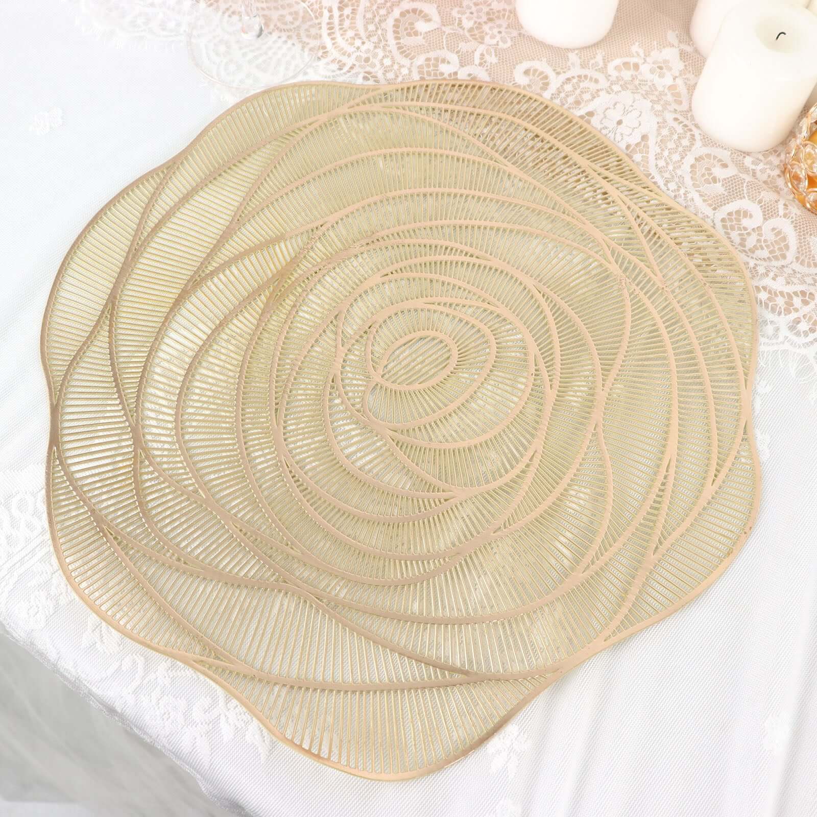 Hot Deal! 6-Pack Metallic Gold Rose Flower Vinyl Round Non-Slip Washable Dining Table Mats, 15"