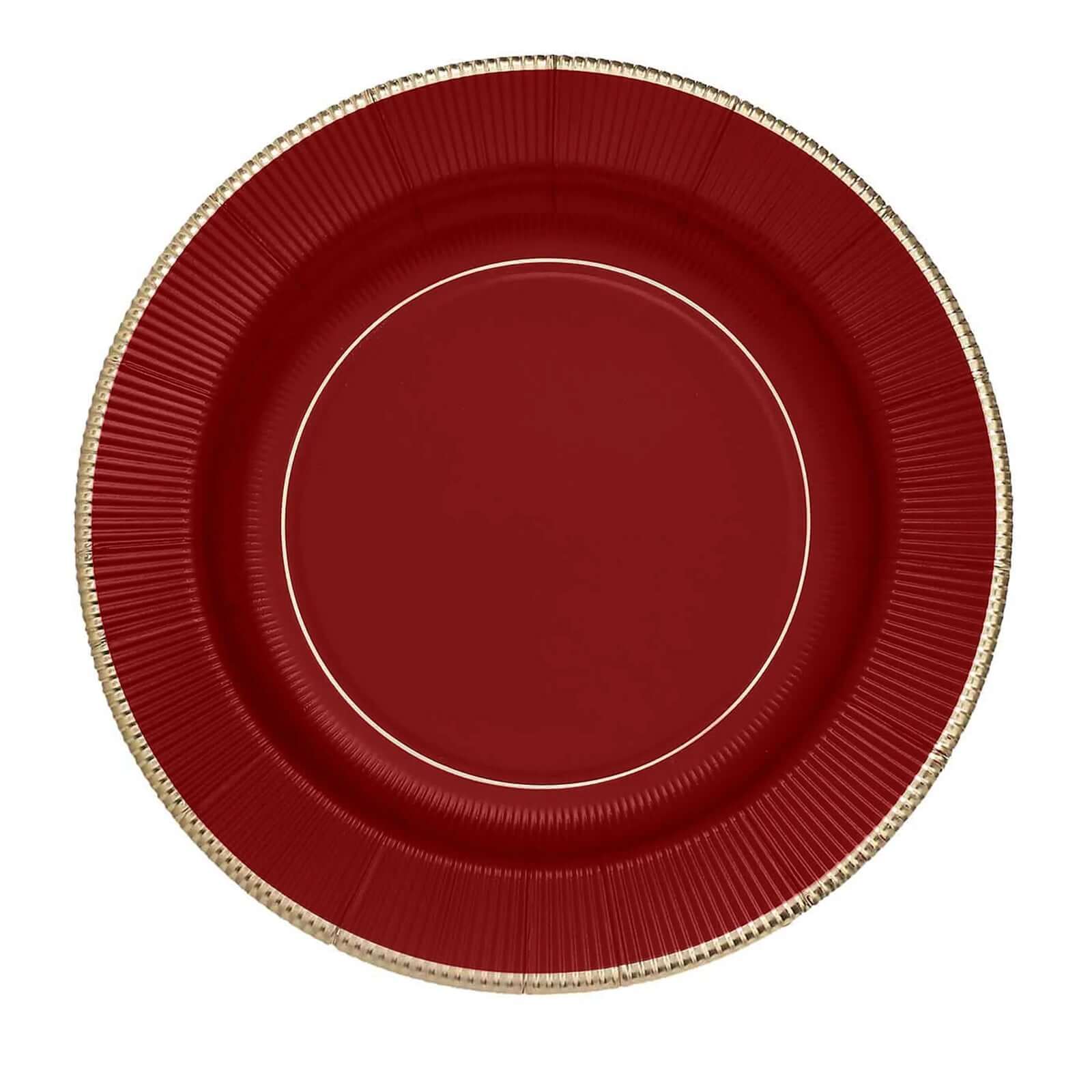 25-Pack Disposable Heavy Duty 350GSM Paper Round Dinner Plates in Burgundy Sunray Design with Gold Rim - Perfect for Parties