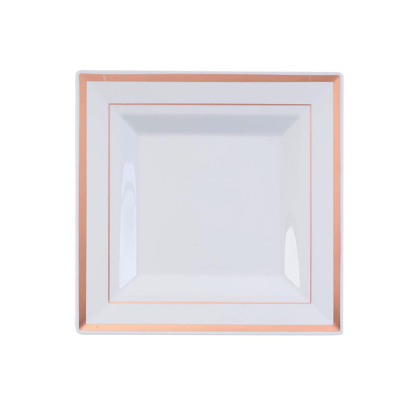10-Piece Set of Durable Disposable White Square Salad & Dessert Plates with Rose Gold Trim, 7 Inches