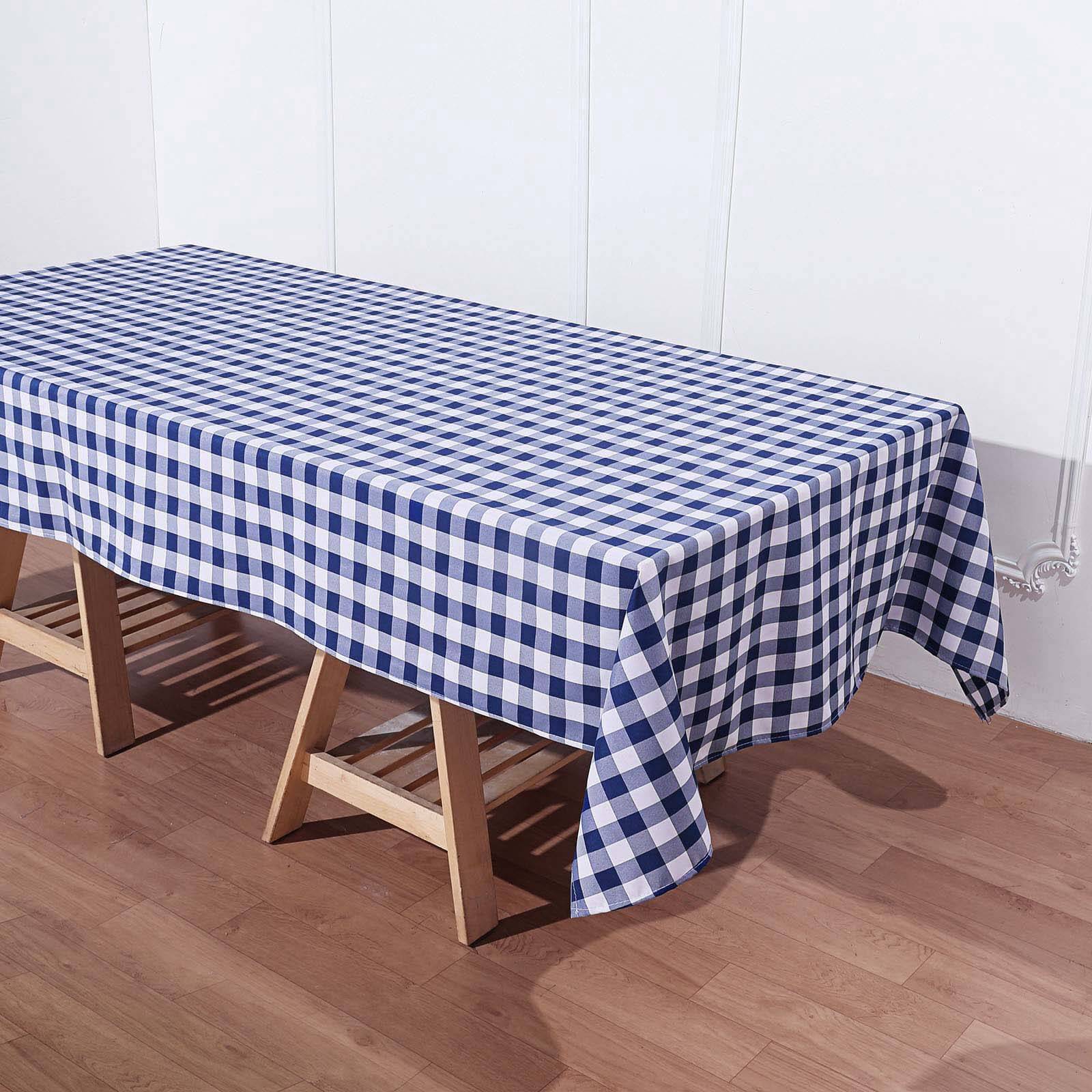 White/Navy Blue Checkered Buffalo Plaid Polyester Tablecloth - 60x102, Ideal for Events