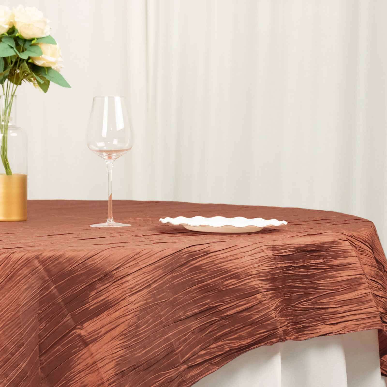 72x72 Square Terracotta (Rust) Accordion Crinkle Taffeta Table Overlay