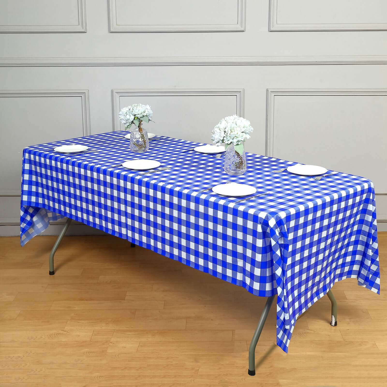 5-Pack Royal Blue Checkered Plastic Table Covers - Durable & Disposable for Events, 54x108