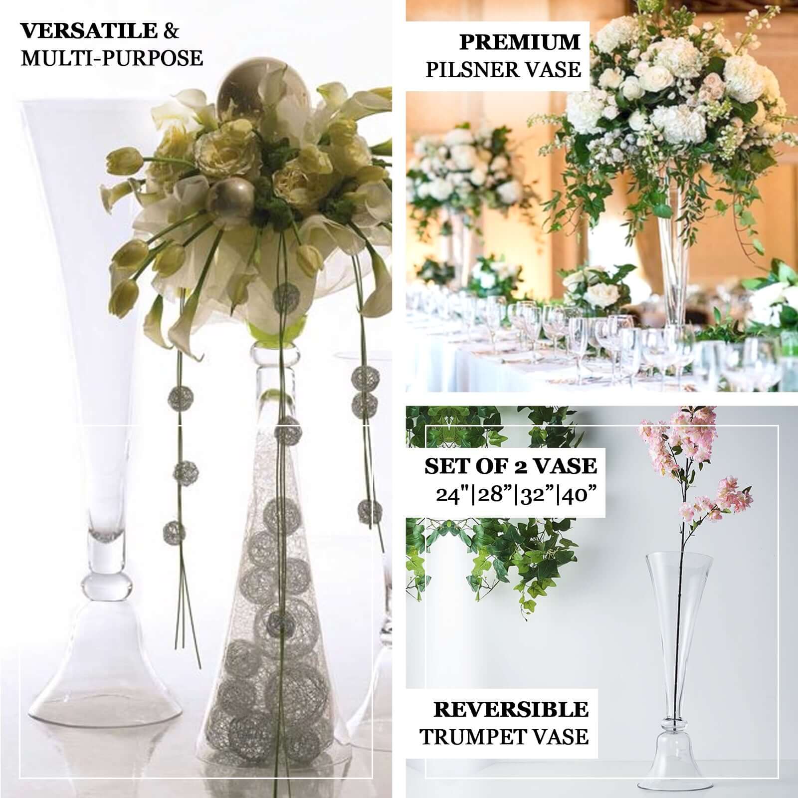 Set of 2 Clear Reversible Glass Trumpet Vases - Ideal Stylish Centerpieces for Events