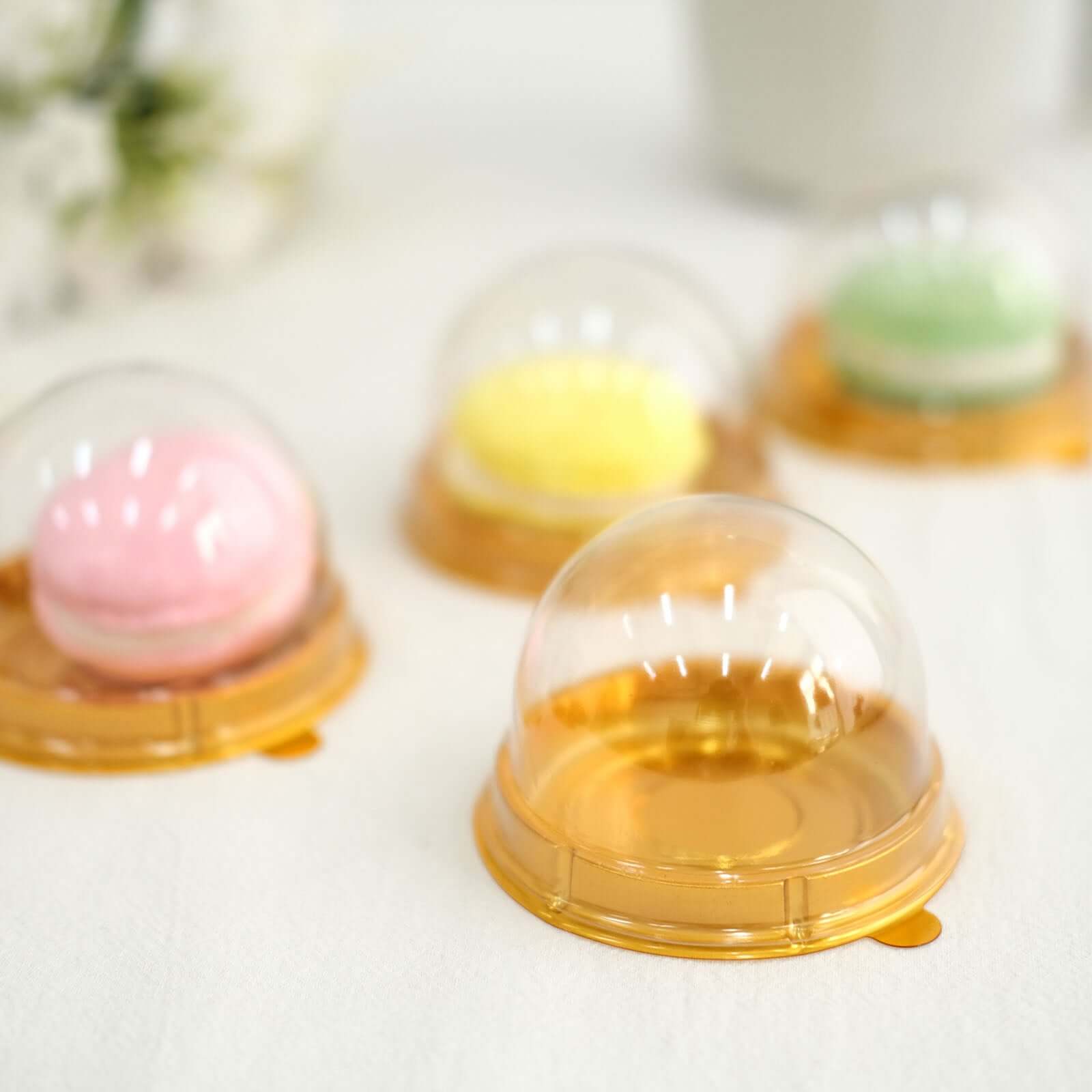 50-Piece Set of Plastic Party Favor Containers - Round Dome Design in Gold and Clear for Cupcakes and Sweets