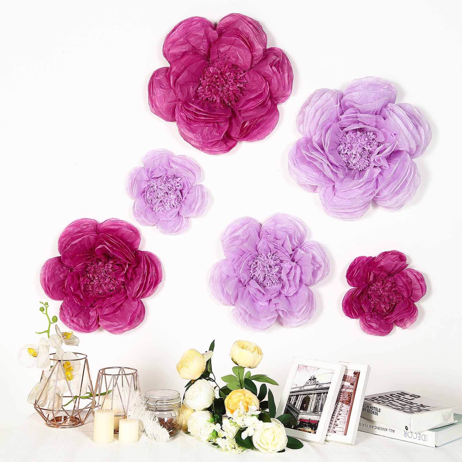 6-Piece Set of Stunning 3D Paper Peony Wall Decor in Lavender and Eggplant, Sizes 12', 16', 20'