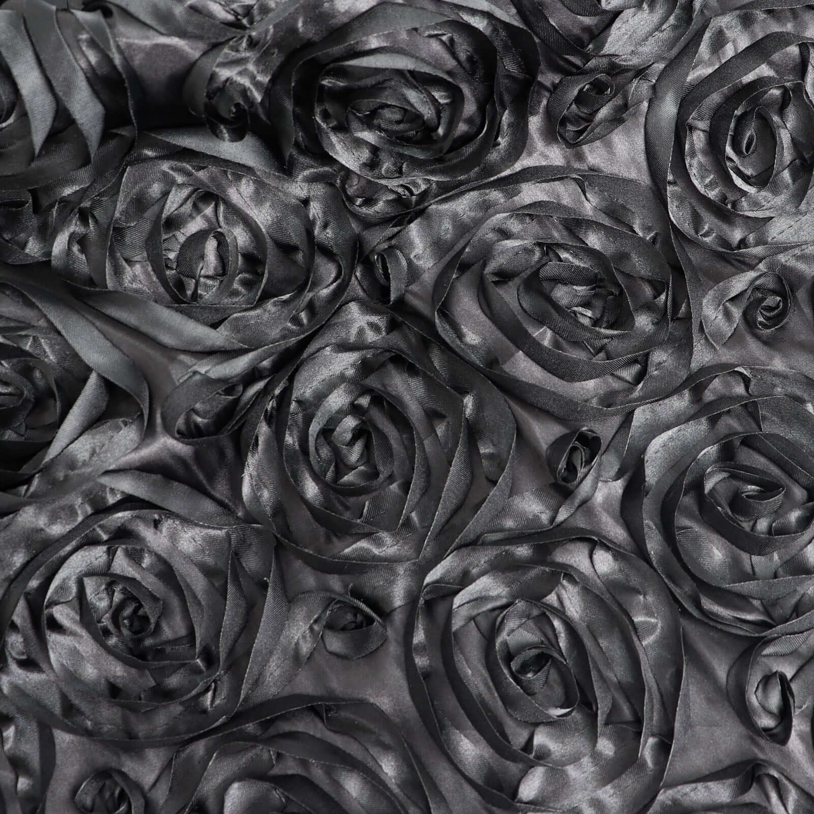 Black 72x72 Satin Square Table Overlay with 3D Rosette Design - Ideal for Stylish Events