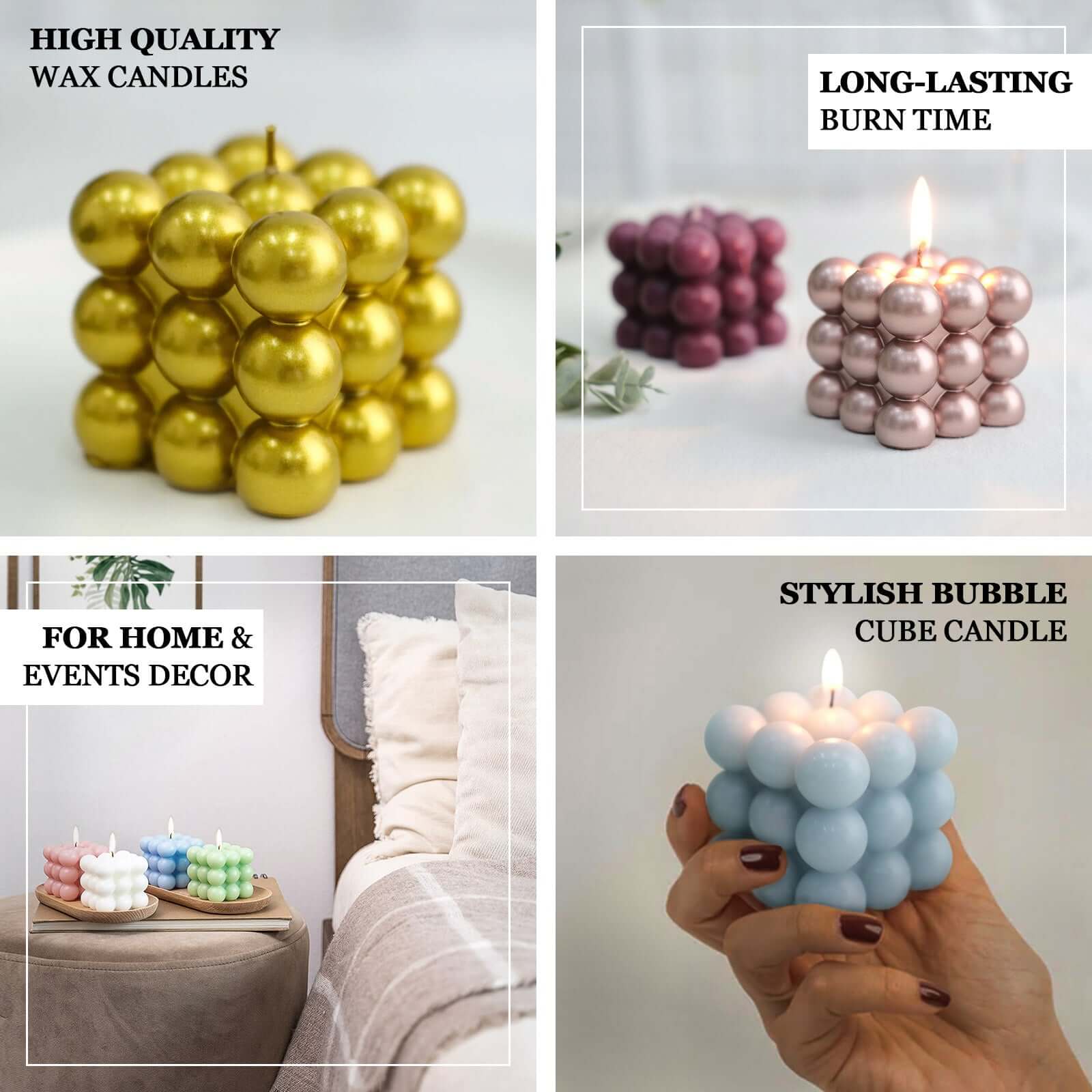 2-Pack Long Burning Unscented Metallic Gold Bubble Cube Paraffin Wax Pillar Candles