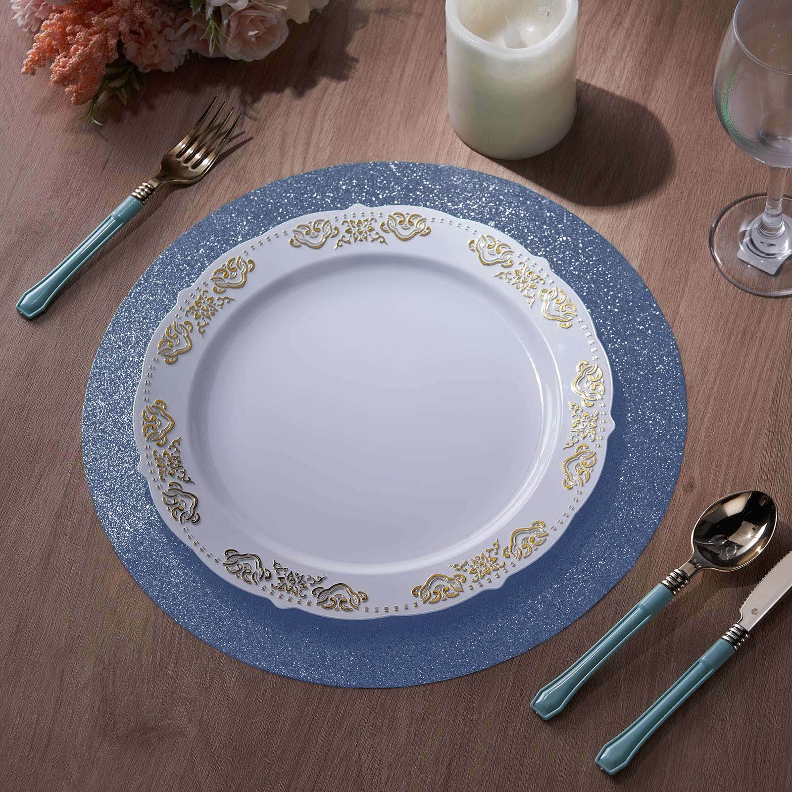 6-Piece Set of Dusty Blue Glitter Round Non-Slip Placemats for Dining Tables, 13 inches