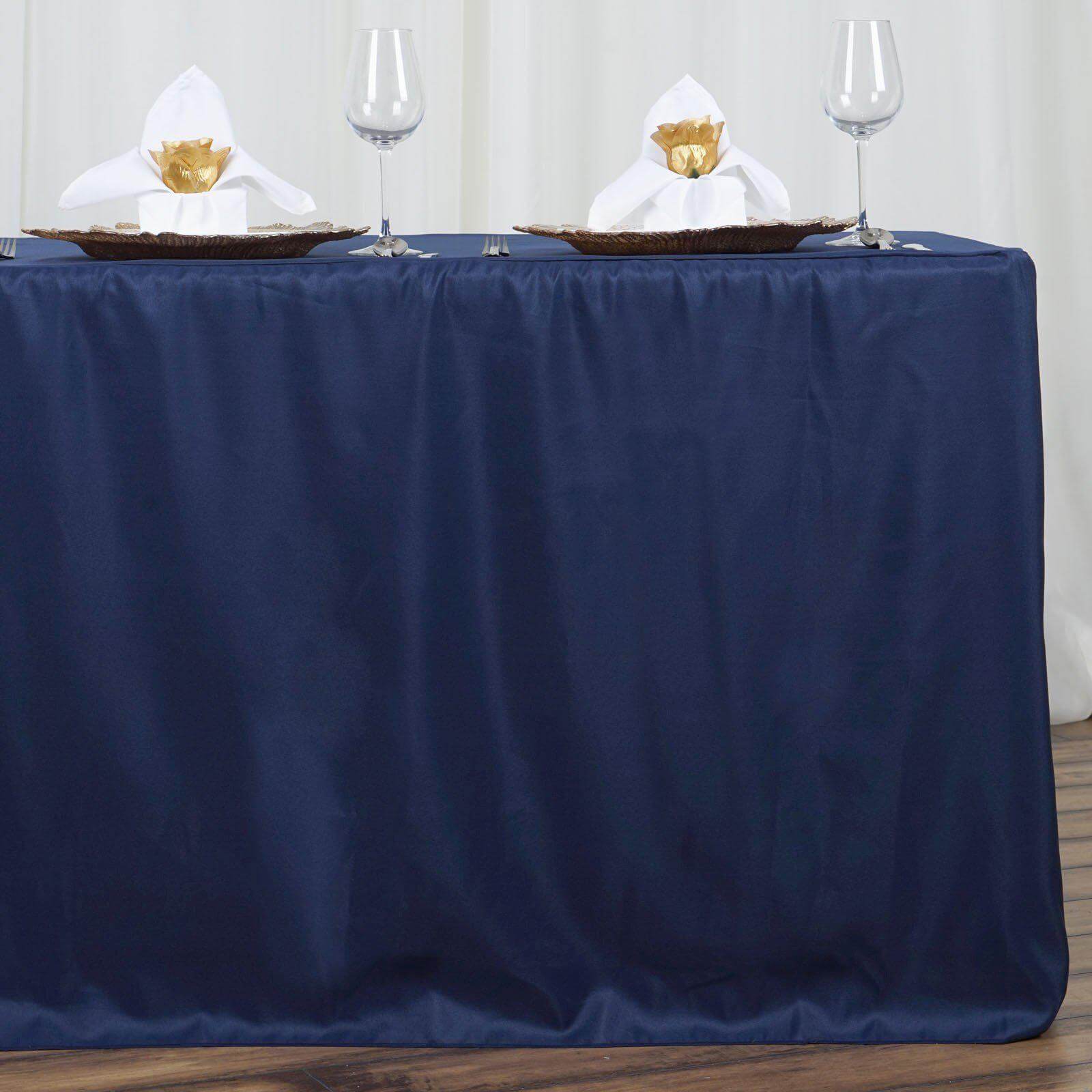 Durable Navy Blue Fitted Polyester Rectangle Tablecloth for 6FT Tables
