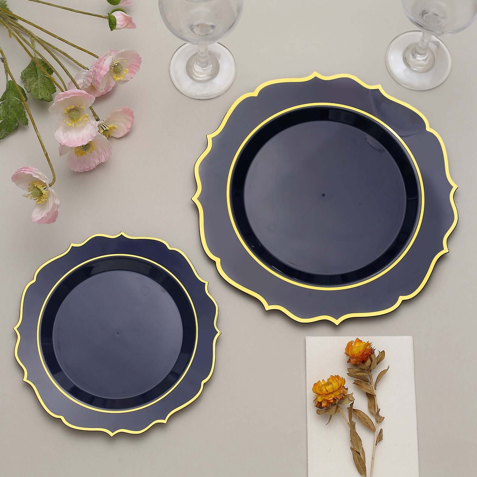 10-Pack Disposable Navy Blue Plastic Round Dinner Plates with Gold Scalloped Rims - Ideal for Parties