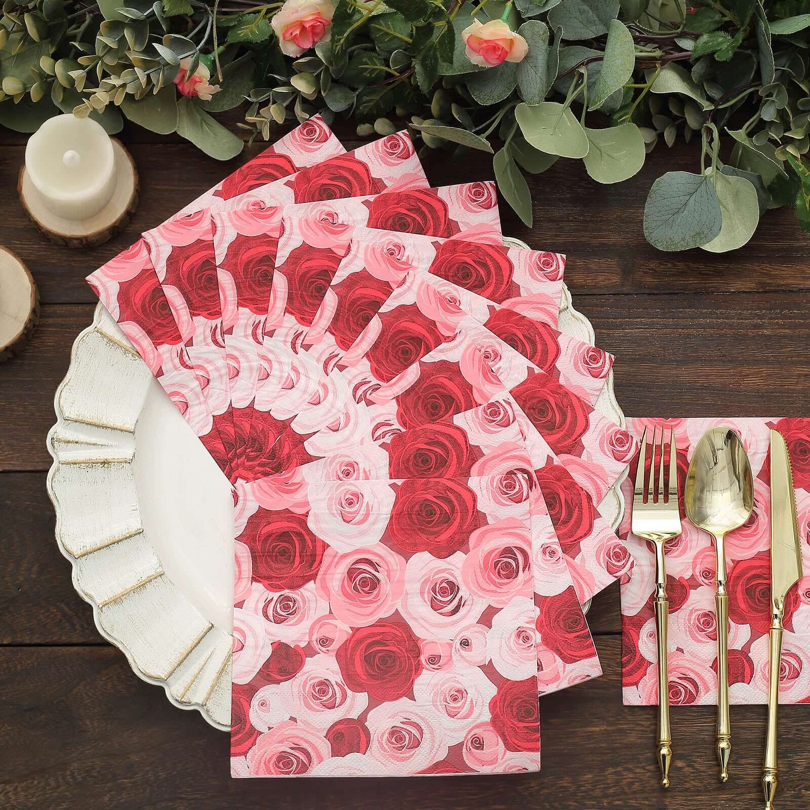 50-Pack 2-Ply Soft 18GSM Red/Pink Floral Design Paper Beverage Napkins for Weddings