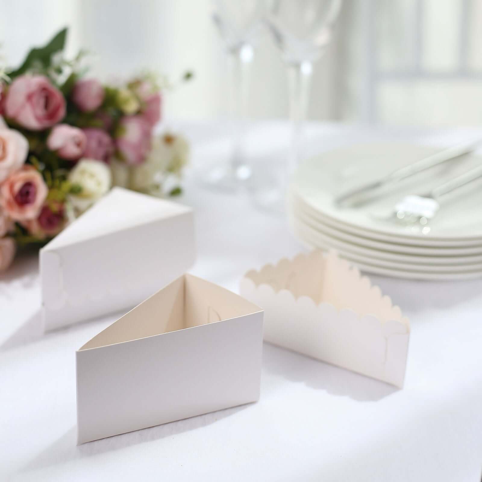 10-Pack Cardstock Triangle Cake Slice Boxes White with Scalloped Top - Decorative Takeaway Dessert Containers for Small Pie Snacks & Party Favors 4x2.5