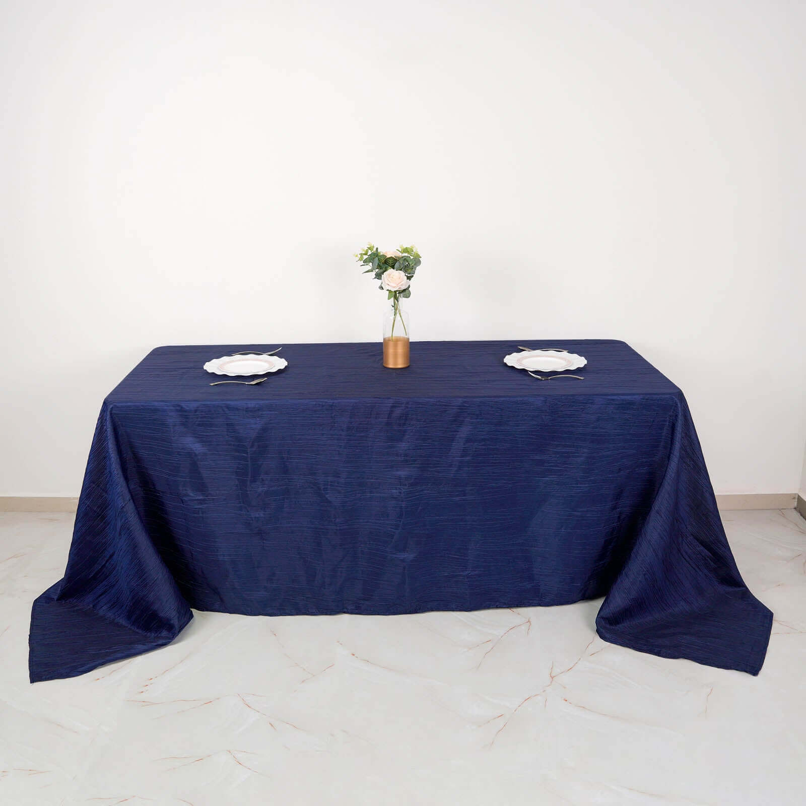 Navy Blue Crinkle Taffeta Rectangle Tablecloth (90x132) - Seamless & Stylish for Events