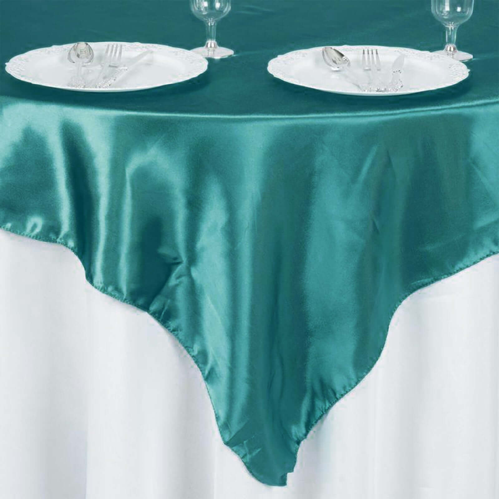 Turquoise Satin Square Table Overlay - 60x60 Size, Smooth Silky Touch Table Cover