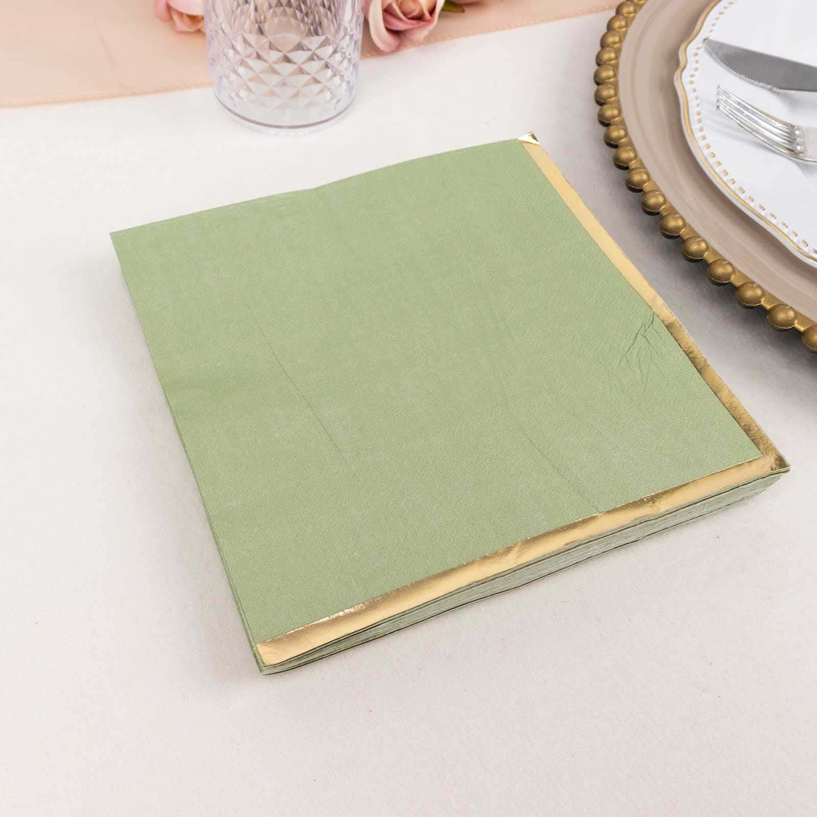 50-Pack Disposable 2-Ply Sage Green Paper Beverage Napkins with Gold Foil Edge - Ideal for Events