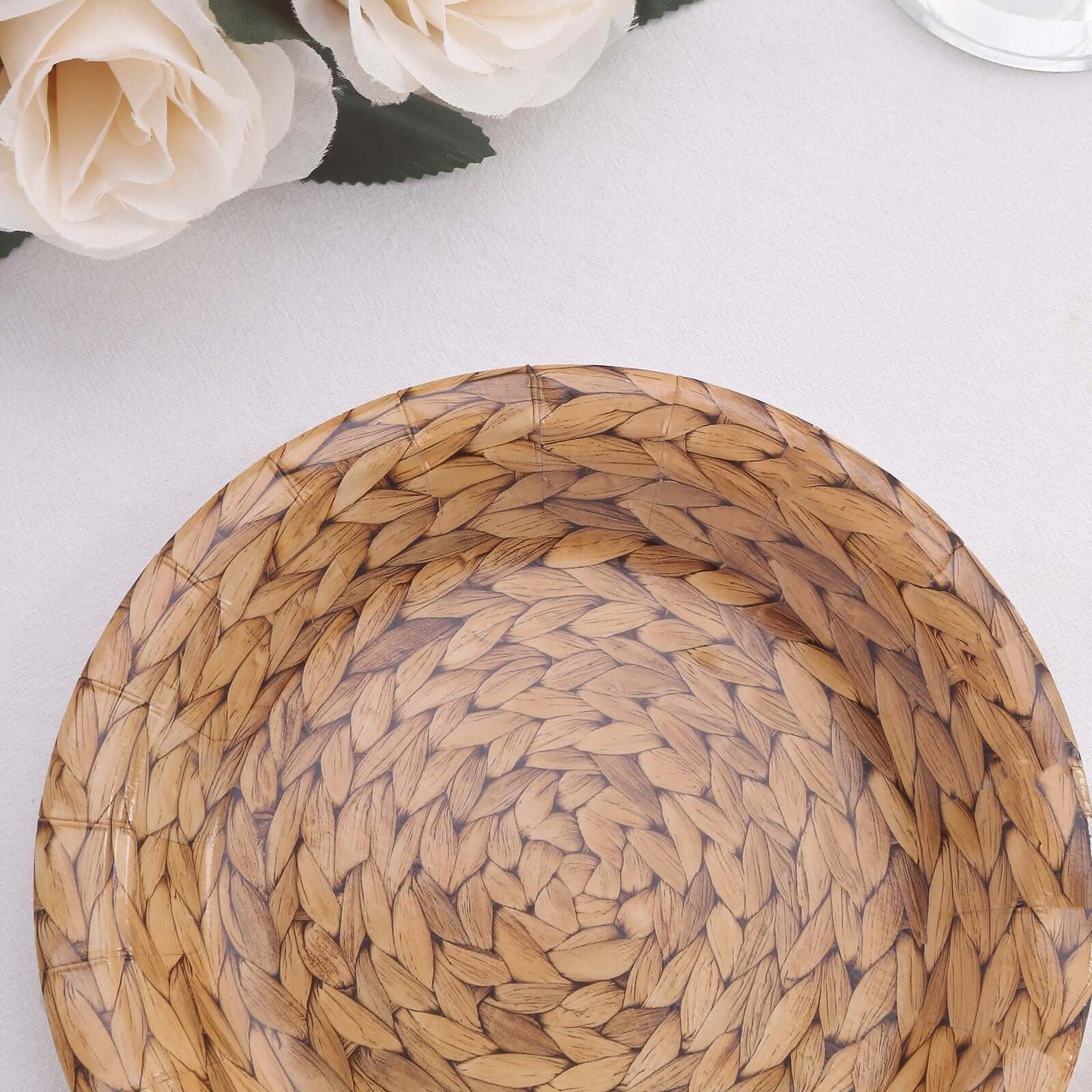 25-Pack 7" Natural Round Paper Dessert Plates with Woven Rattan Print - Premium Disposable Plates for All Occasions