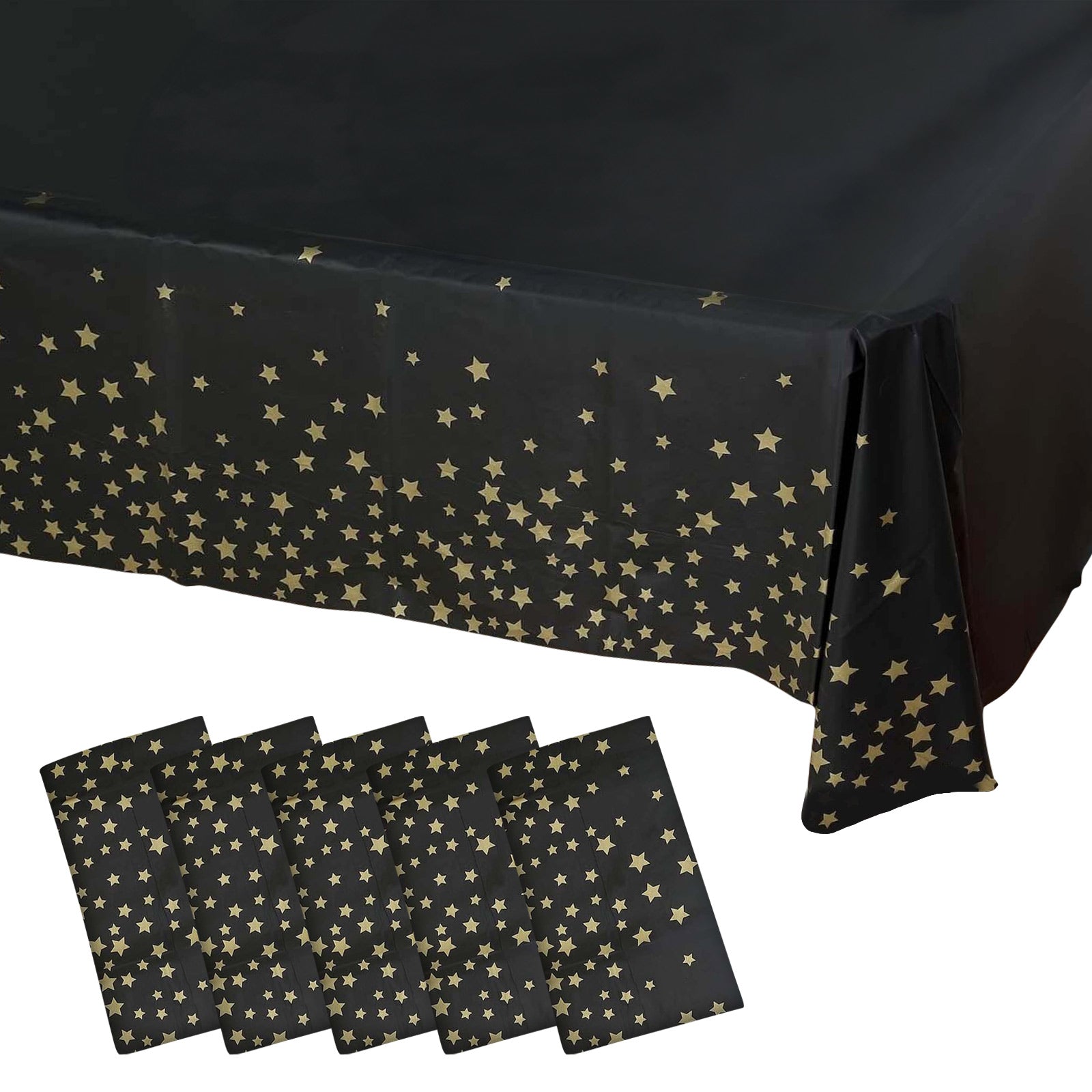 5-Pack Premium Disposable PVC Table Covers: Black Rectangle with Gold Stars, 54x108