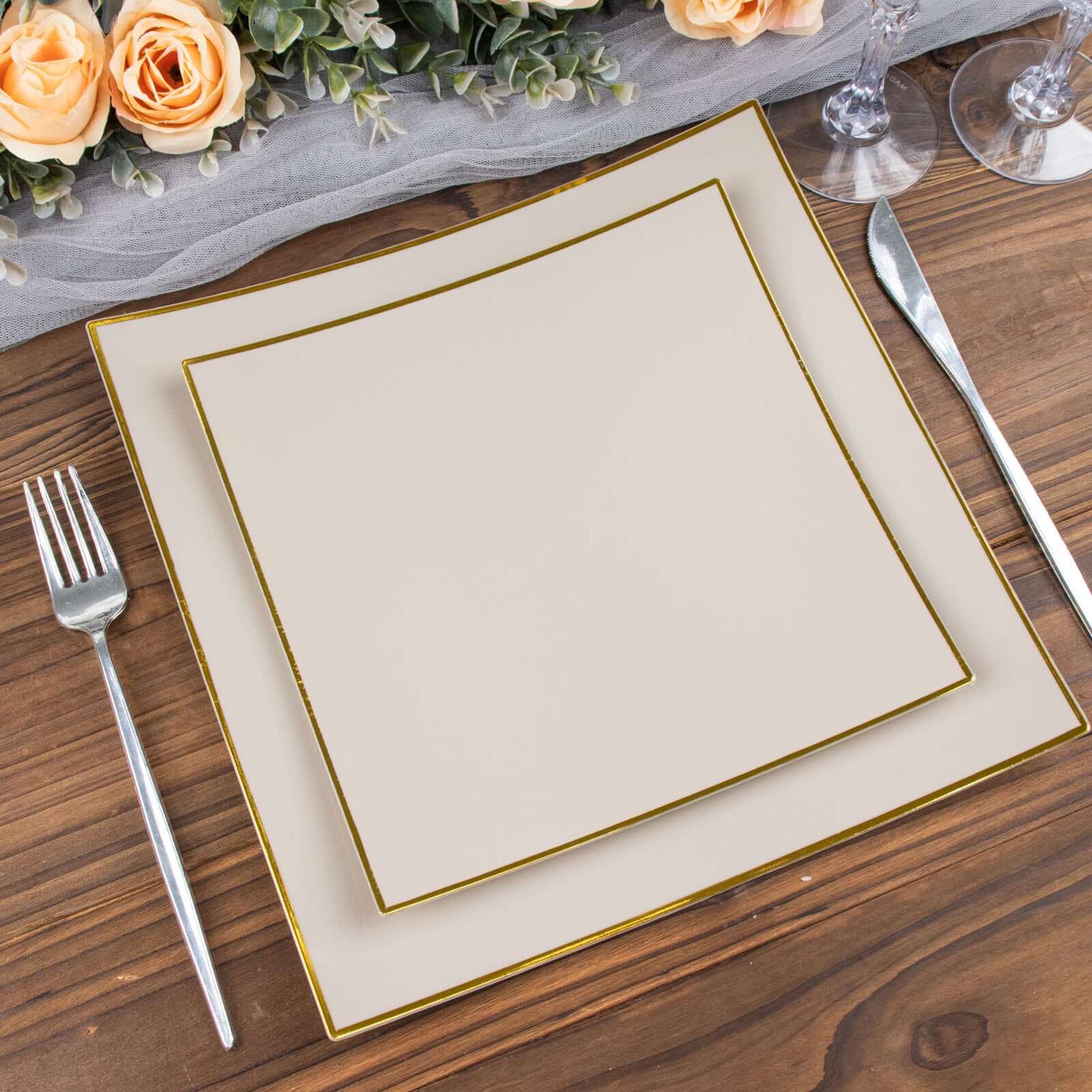 10-Pack Disposable Taupe Plastic Square Dessert Plates with Gold Rim - Ideal for Parties