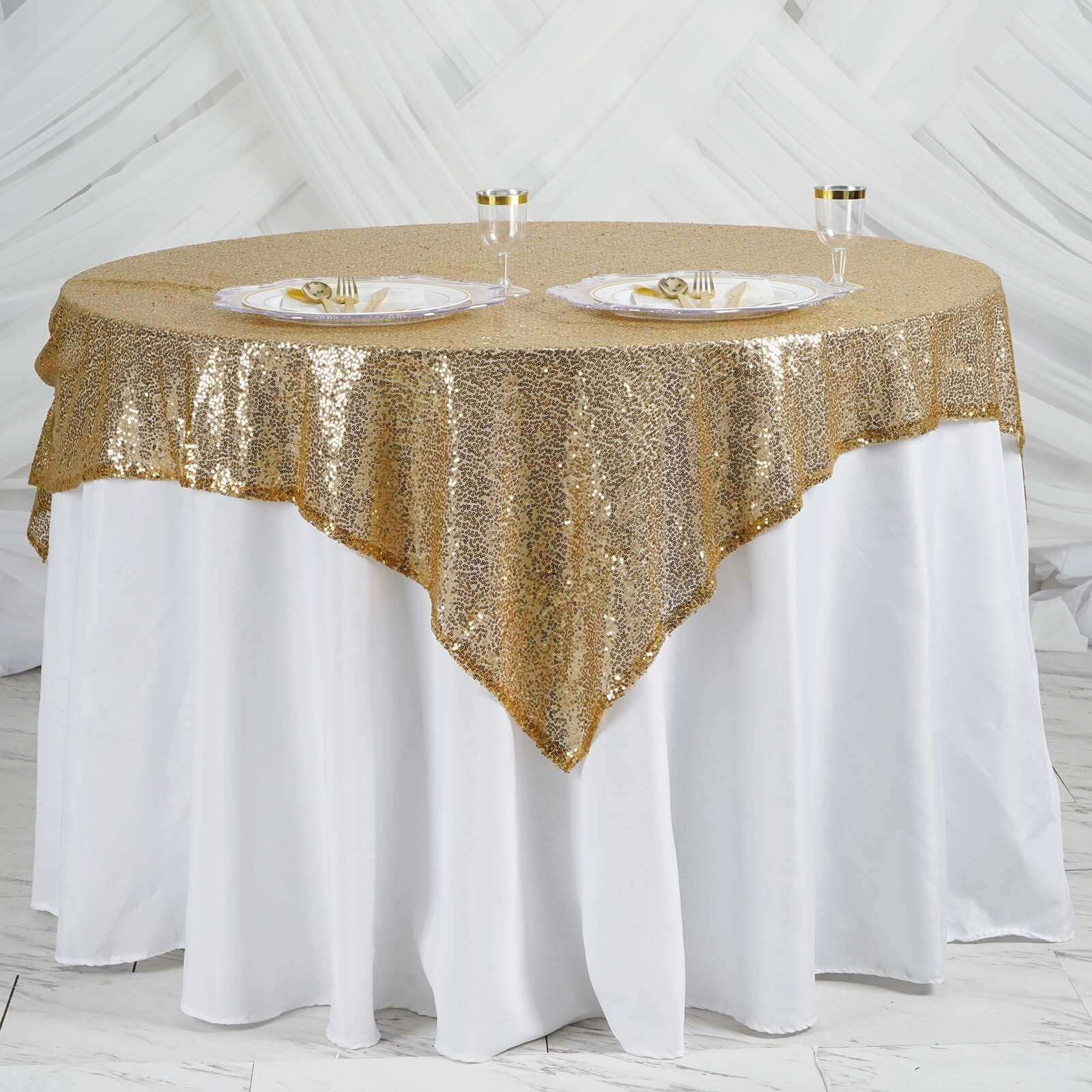 Luxe Gold Sequin Square Table Overlay 60x60 - Perfect for Weddings and Events