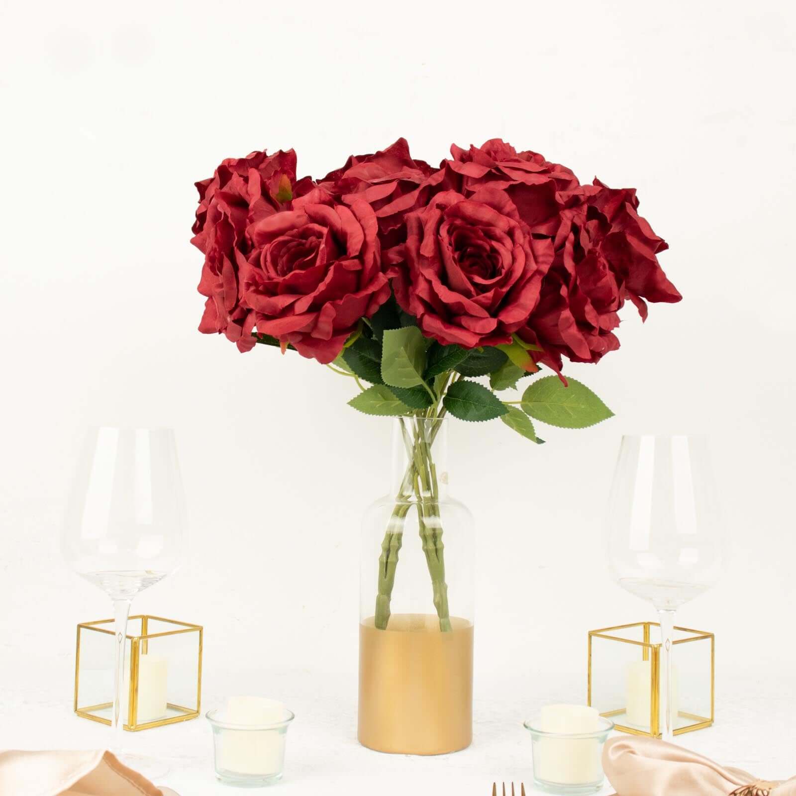 Premium Artificial Burgundy Silk Jumbo Rose Flower Bouquet for Weddings and Decorations