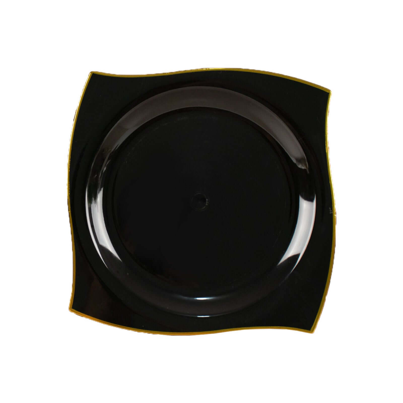 Get 10-Pack Disposable Black Plastic Square Dinner Plates with Gold Wavy Rim for Modern Parties
