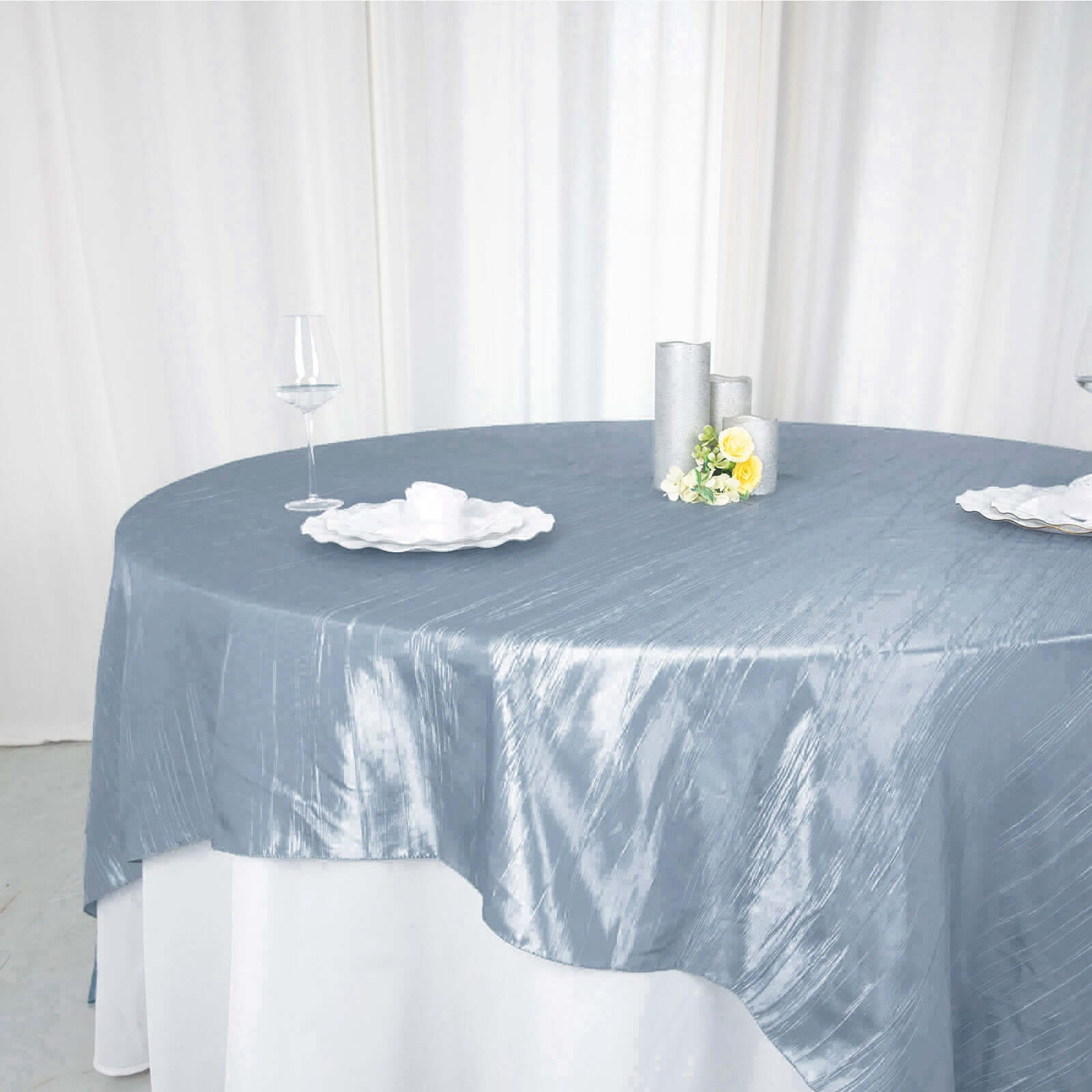 Dusty Blue Accordion Crinkle 90x90 Square Taffeta Table Overlay