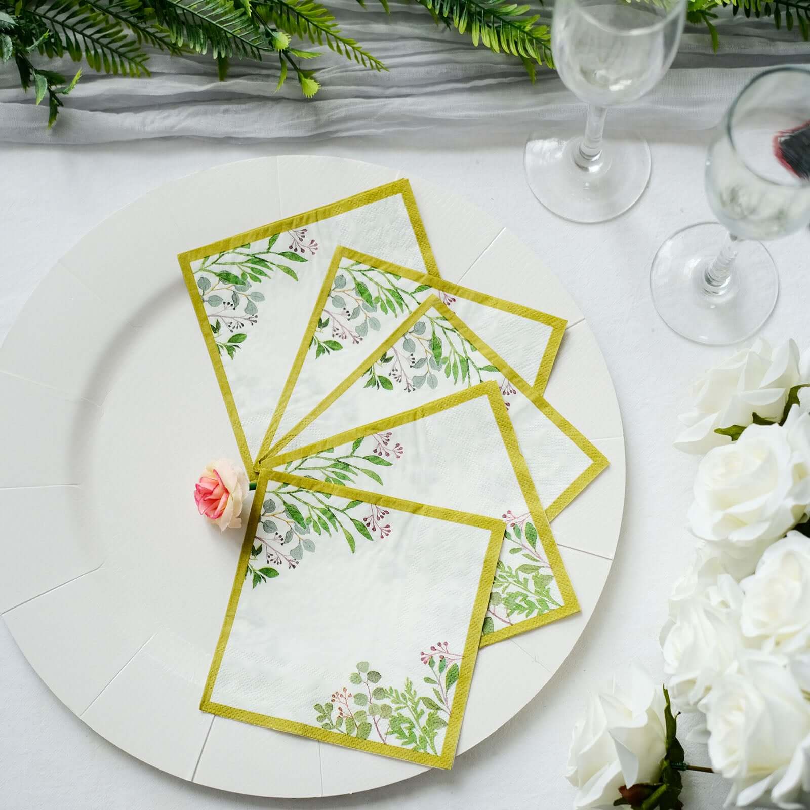 24-Pack Soft 18GSM 2-Ply Paper Dinner Napkins with Tropical Eucalyptus Design for Weddings and Cocktails