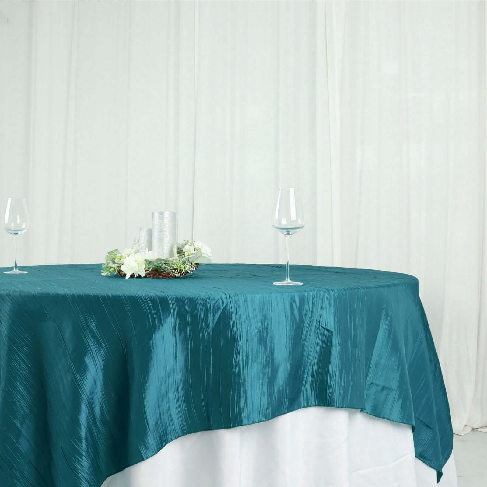 Exclusive Peacock Teal 90x90 Crinkle Taffeta Square Table Overlay