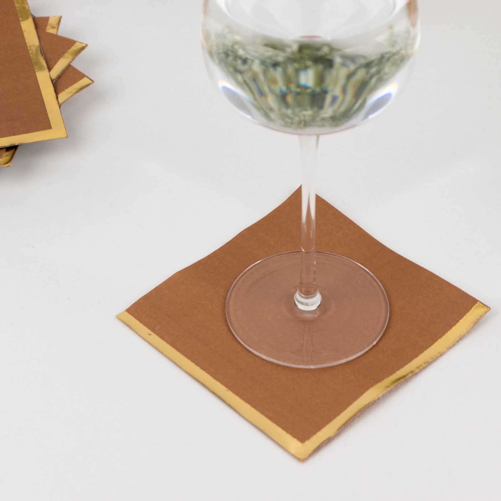 50-Piece 2-Ply Disposable Soft 18GSM Terracotta (Rust) Cocktail Napkins with Gold Foil Edge 5x5