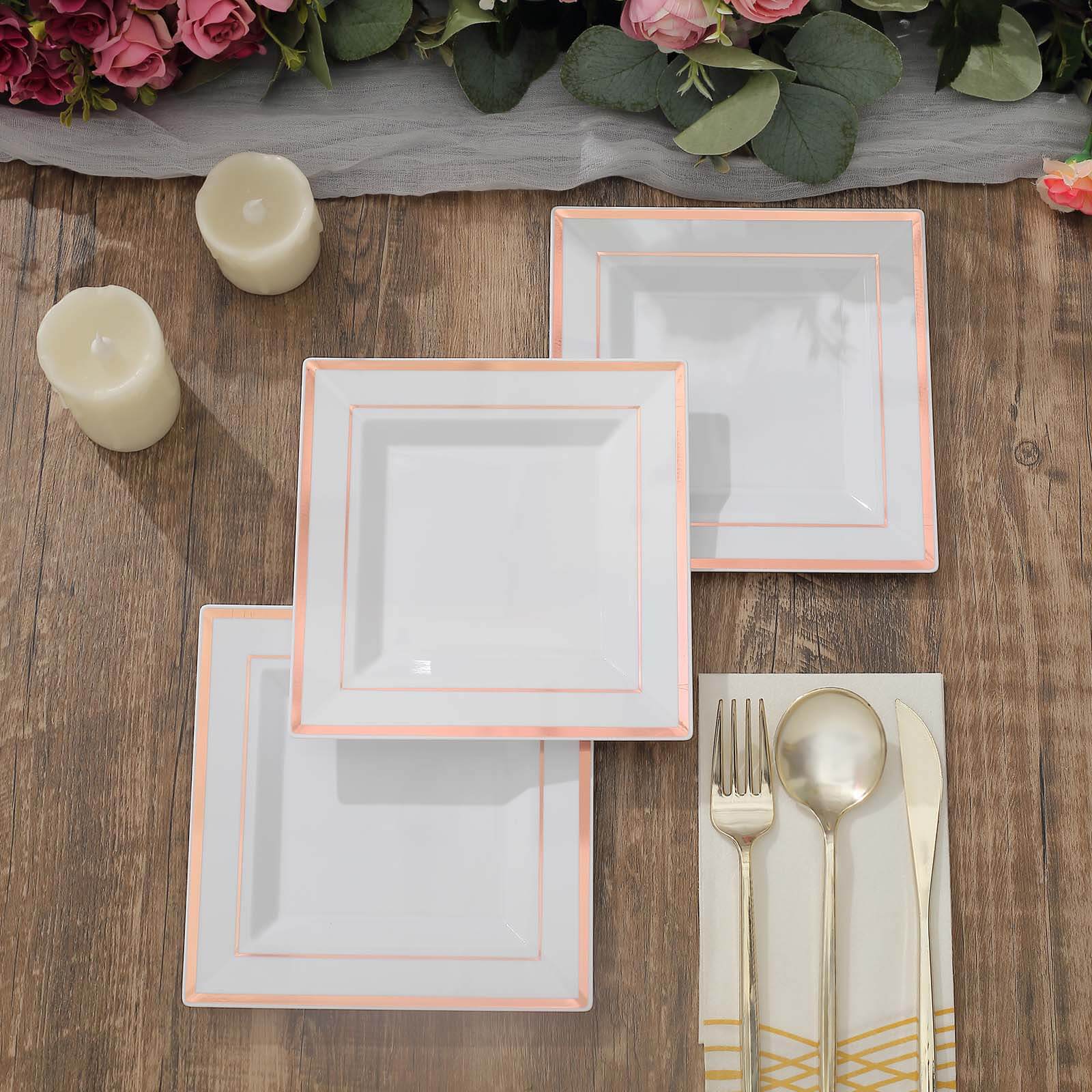 10-Piece Set of Durable Disposable White Square Salad & Dessert Plates with Rose Gold Trim, 7 Inches