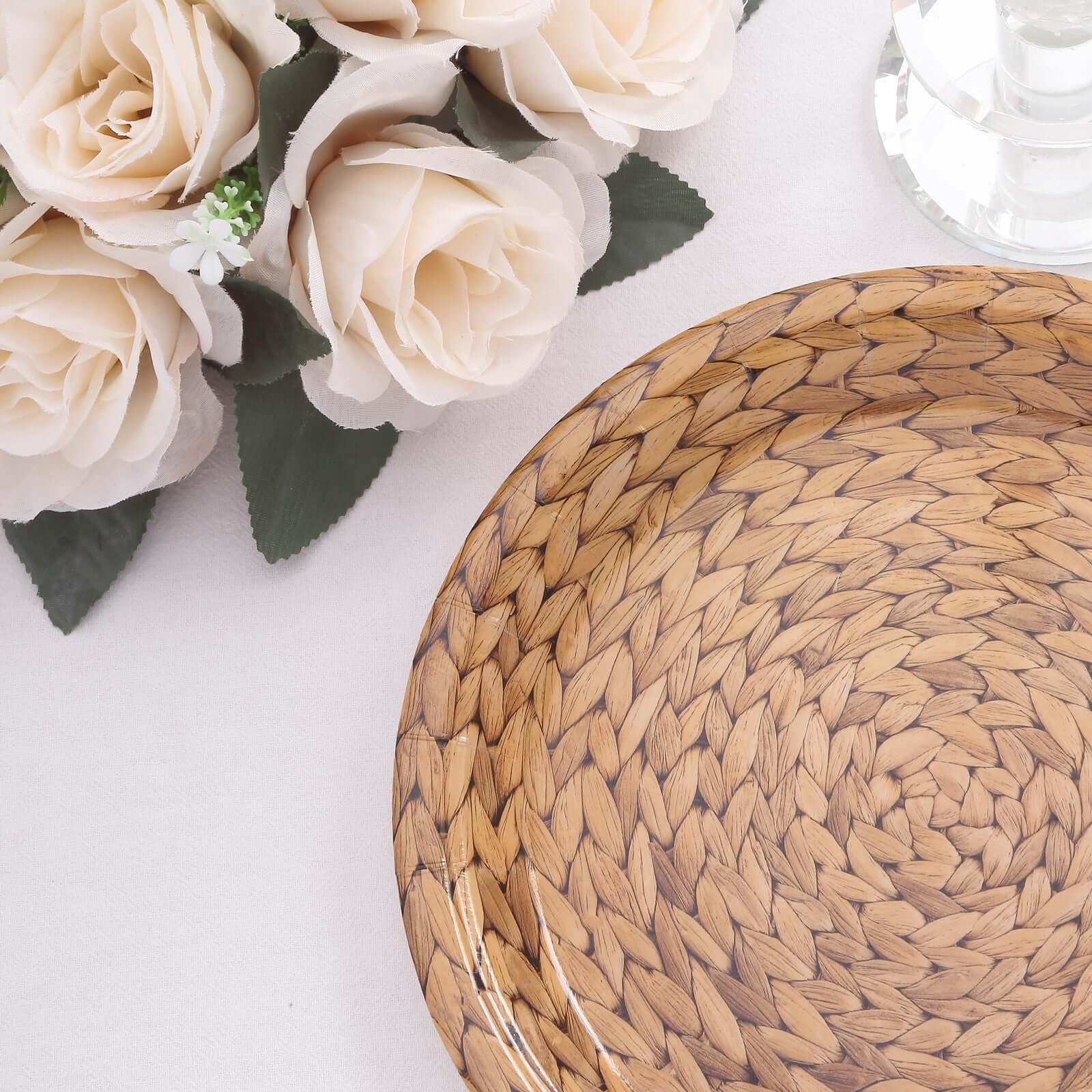 25-Pack 9" Natural Round Paper Dinner Plates with Woven Rattan Print - Ideal for Rustic Country Chic Parties