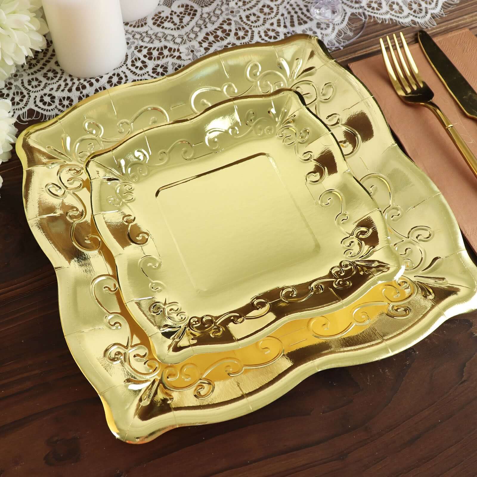 25-Pack Disposable Gold Square Dinner Plates with Vintage Pottery Embossed Design for Glamorous Events