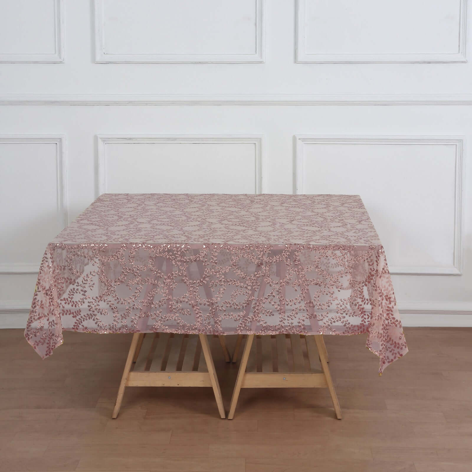 Hot Deal! Rose Gold Sequin Leaf Embroidered 72x72 Tulle Square Table Overlay