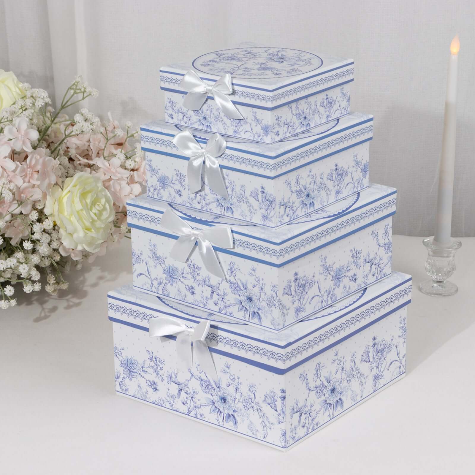 Hot! Set of 4 White & Blue French Toile Cardstock Nesting Gift Boxes - Stackable & Reusable