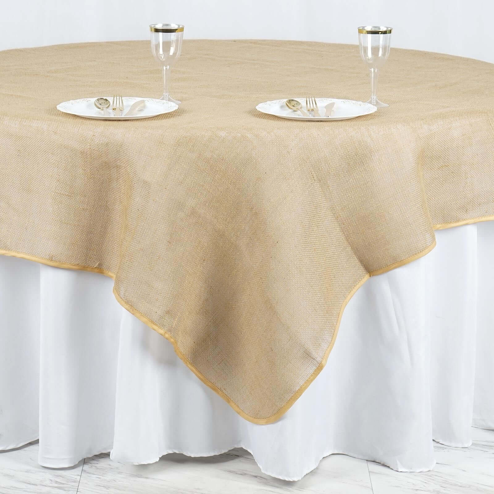 Natural Burlap 90x90 Square Table Overlay - Perfect for Vintage Celebrations