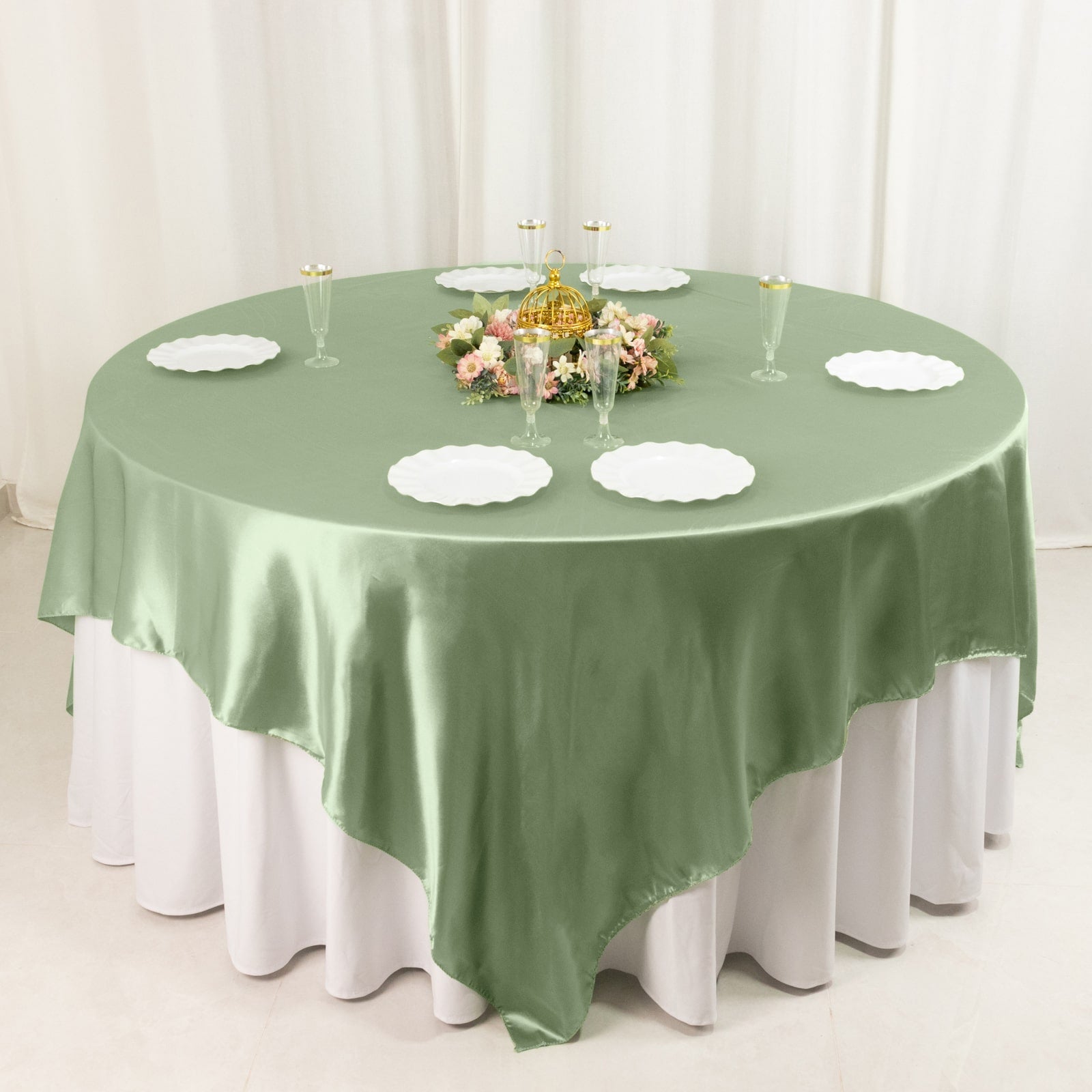 Sage Green Satin Square Table Overlay 90x90 - Smooth Finish Table Topper